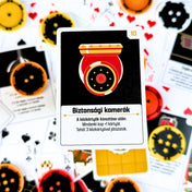 The Gang kooperatív pókerjáték eseménykártyája „Biztonsági kamerák” felirattal, háttérben játékkártyák és zsetonok.