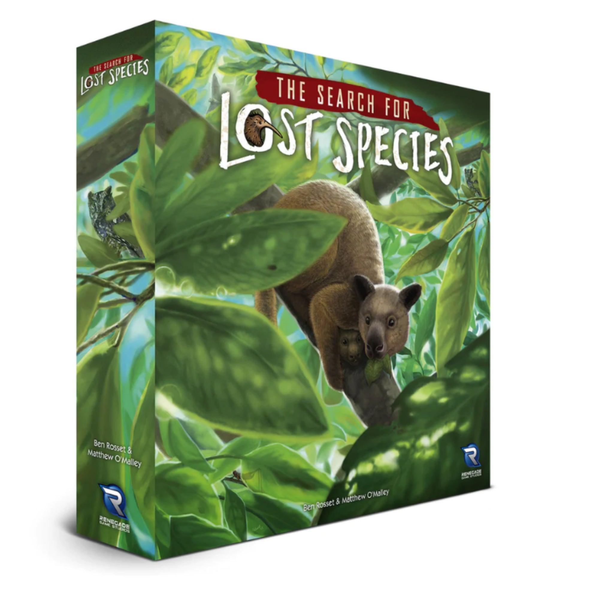 A képen a "The Search for Lost Species" társasjáték doboza látható. A doboz borítóján egy trópusi táj jelenik meg, ahol egy koalához hasonló állat látható, miközben egy másik példányt tart a fák között.