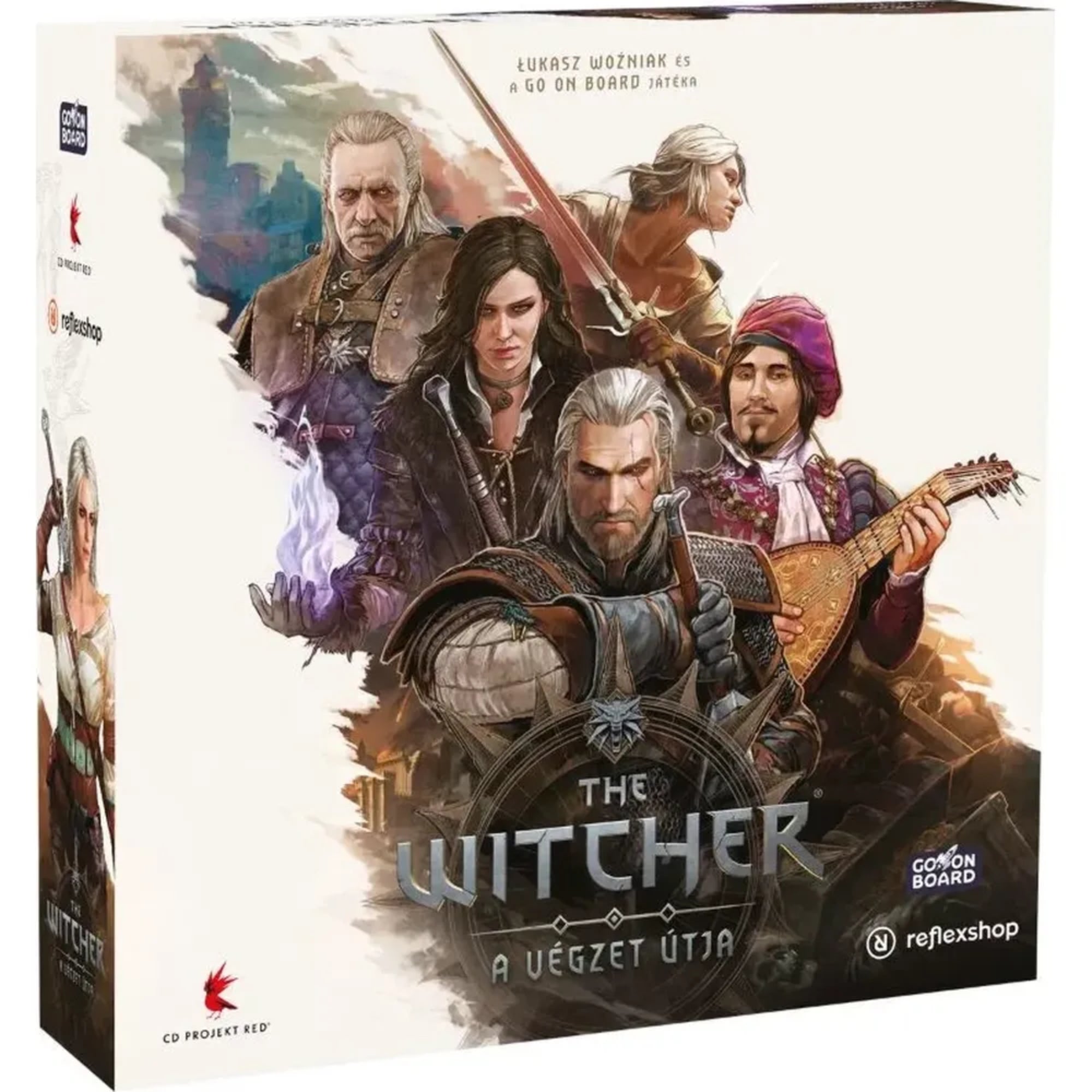 A The Witcher: A végzet útja társasjáték doboza, amelyen Geralt, Yennefer, Ciri, Vesemir és Dandelion látható látványos illusztráción.