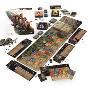 A The Witcher: A végzet útja társasjáték teljes játéktáblája, karakterlapokkal, figurákkal, kártyákkal és jelölőkkel kiterítve az asztalon.