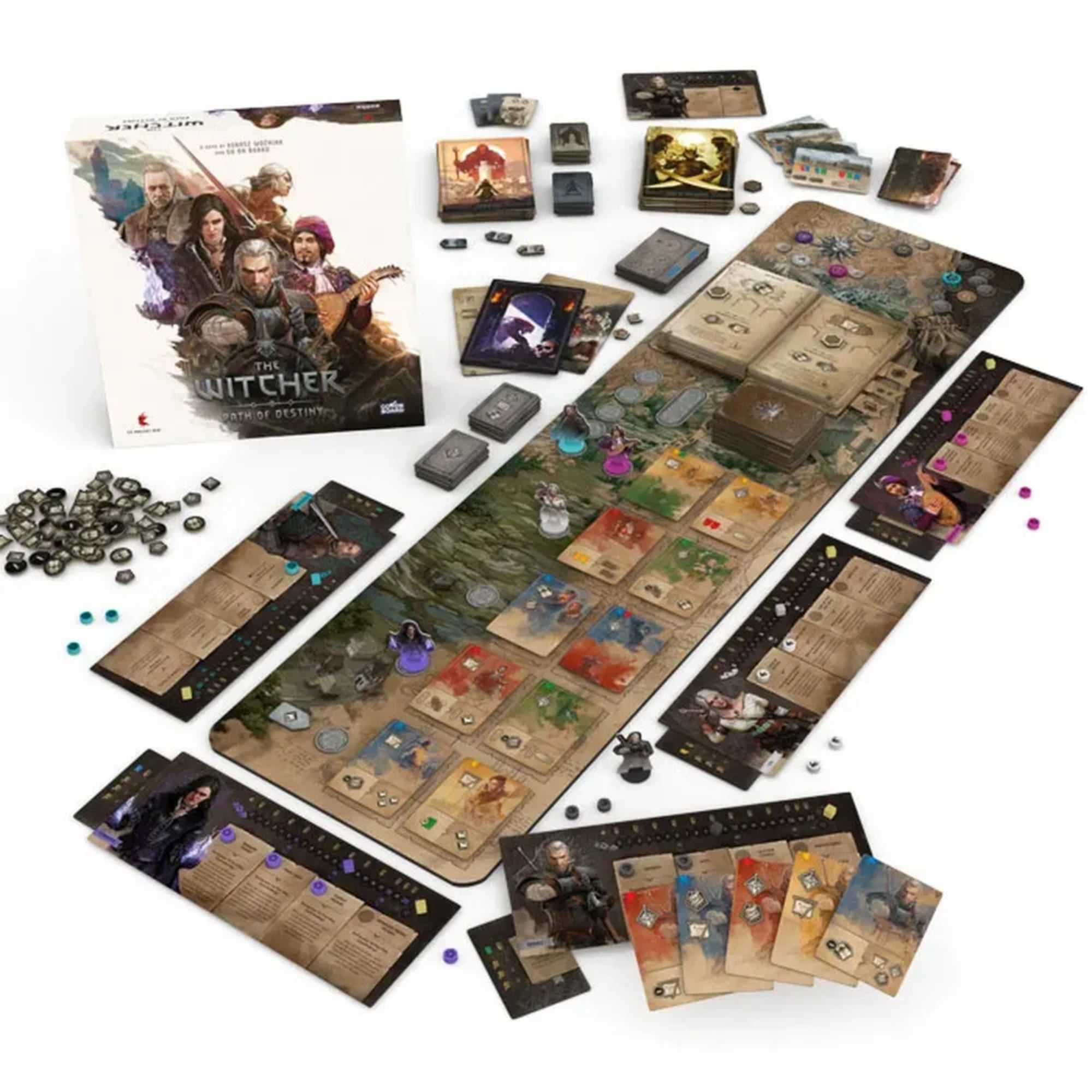A The Witcher: A végzet útja társasjáték teljes játéktáblája, karakterlapokkal, figurákkal, kártyákkal és jelölőkkel kiterítve az asztalon.