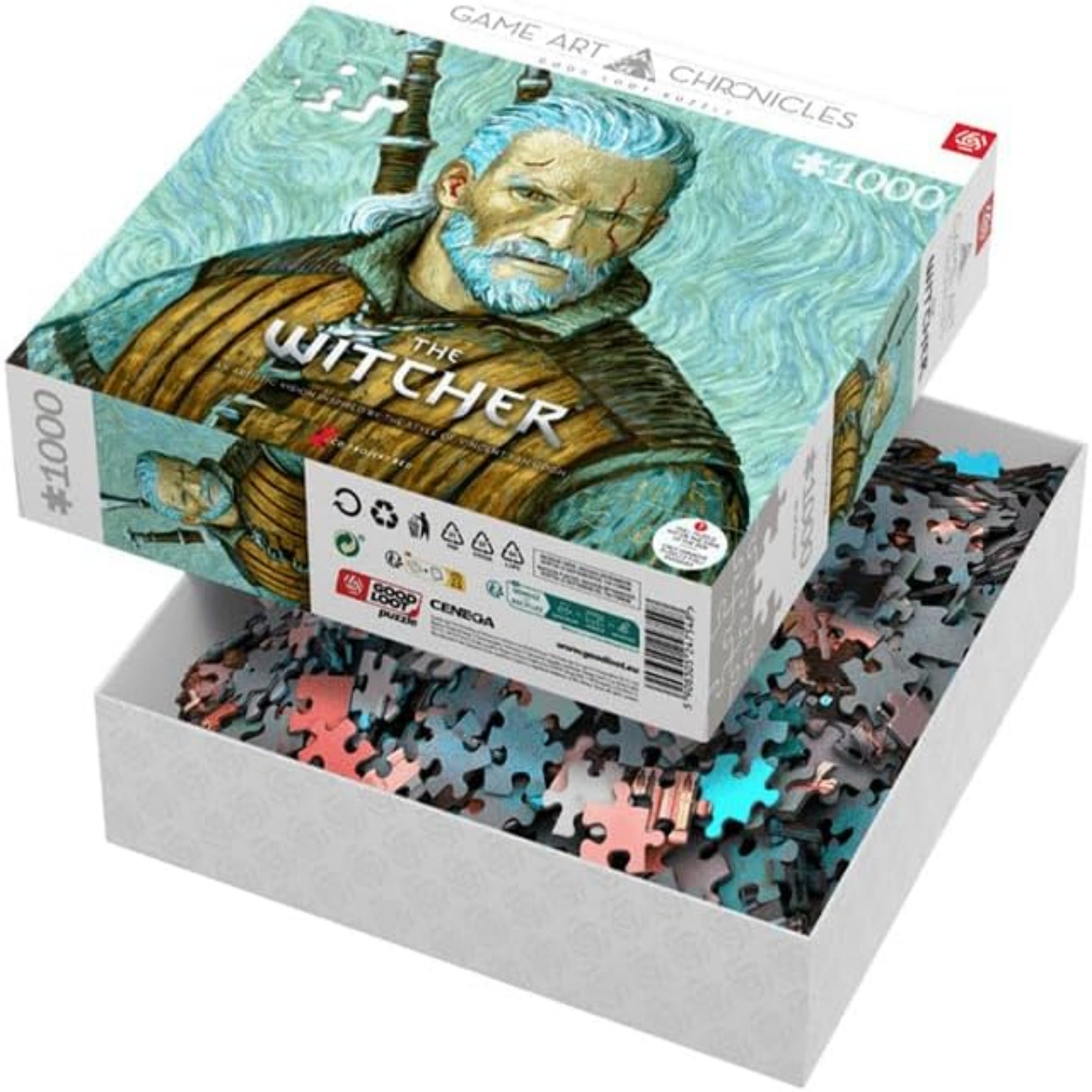 A The Witcher 1000 darabos puzzle doboza, amely a Game Art Chronicles sorozat része. A doboz fedelén Geralt látható, egyedi művészi stílusban, Vincent van Gogh festményeire emlékeztető hullámos ecsetvonásokkal. A doboz nyitva van, és láthatók benne a kirakós színes darabjai. A dizájn ötvözi a klasszikus művészetet a modern videojátékok világával, prémium minőségű kivitelezéssel.
