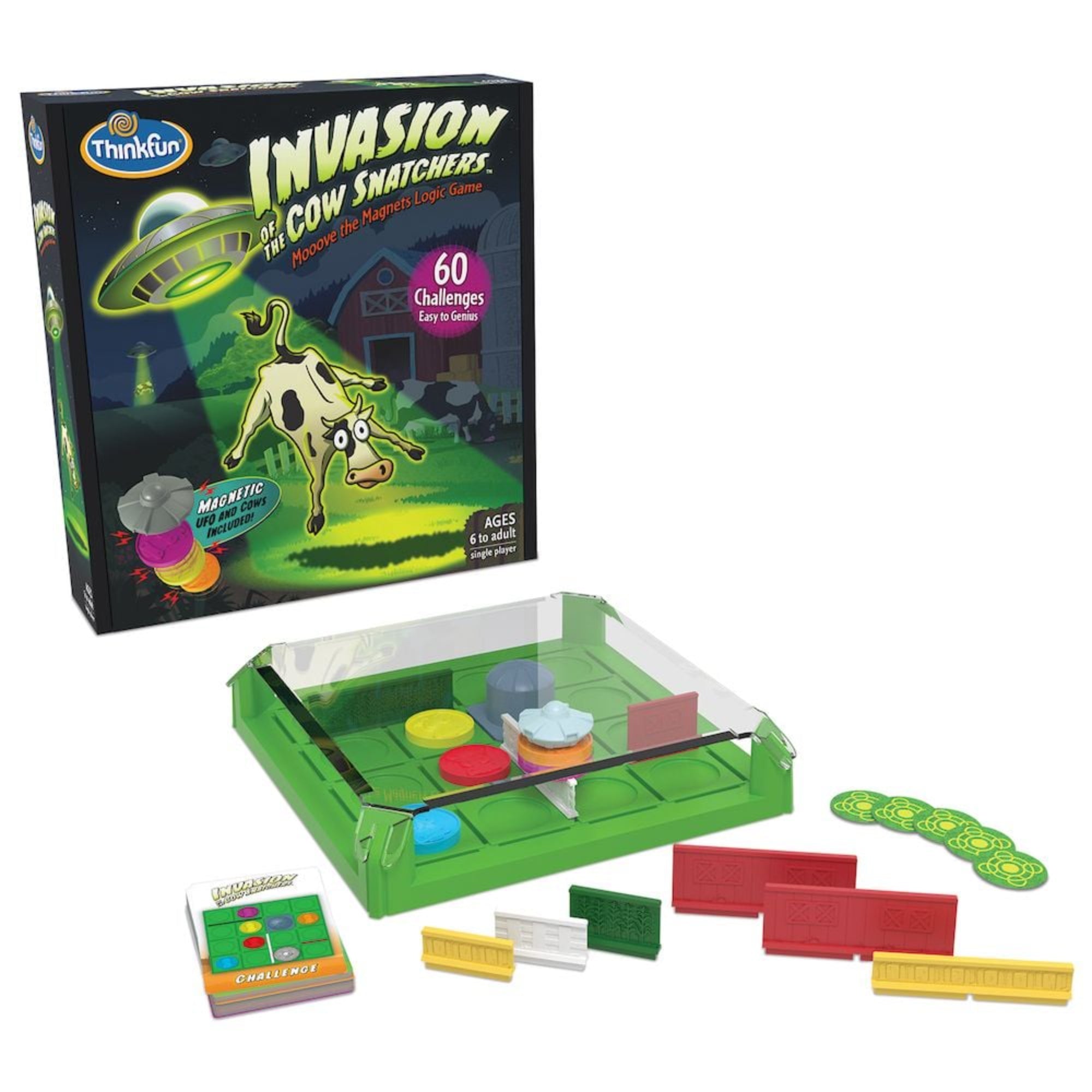 ThinkFun – Invasion of the Cow Snatchers logikai játék doboza és a játék tartalma: zöld játéktábla, mágneses UFO, színes korongok és akadálylapok.