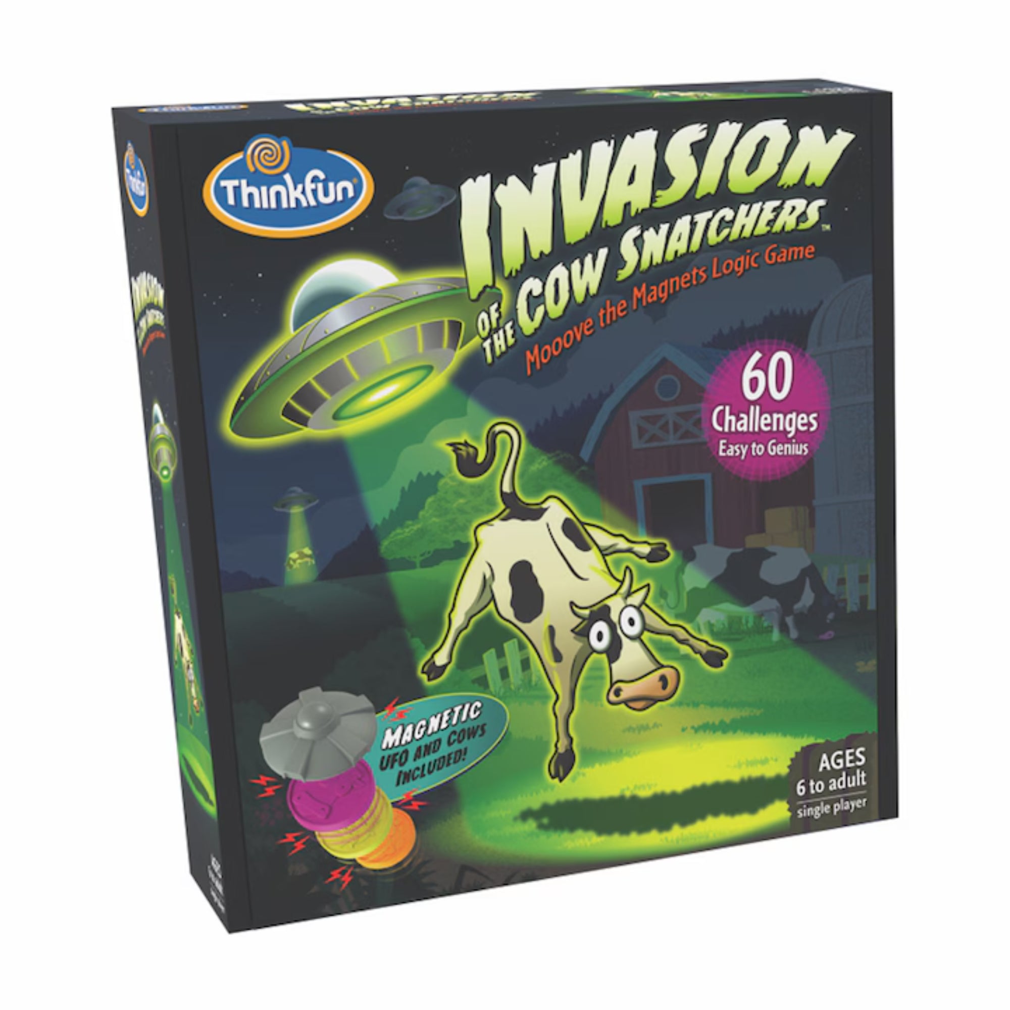 ThinkFun – Invasion of the Cow Snatchers játék dobozának előlapja, UFO által elrabolt tehén illusztrációval és a 60 kihívást tartalmazó felirattal.