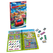 Thinkfun Rush Hour World Tour játék doboza és nyitott mágneses füzet pályával, Eiffel-torony illusztrációval és kivehető autófigurákkal.