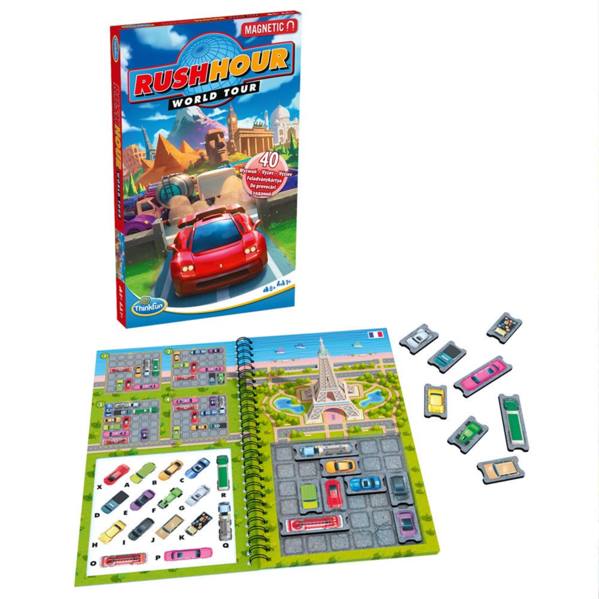 Thinkfun Rush Hour World Tour játék doboza és nyitott mágneses füzet pályával, Eiffel-torony illusztrációval és kivehető autófigurákkal.