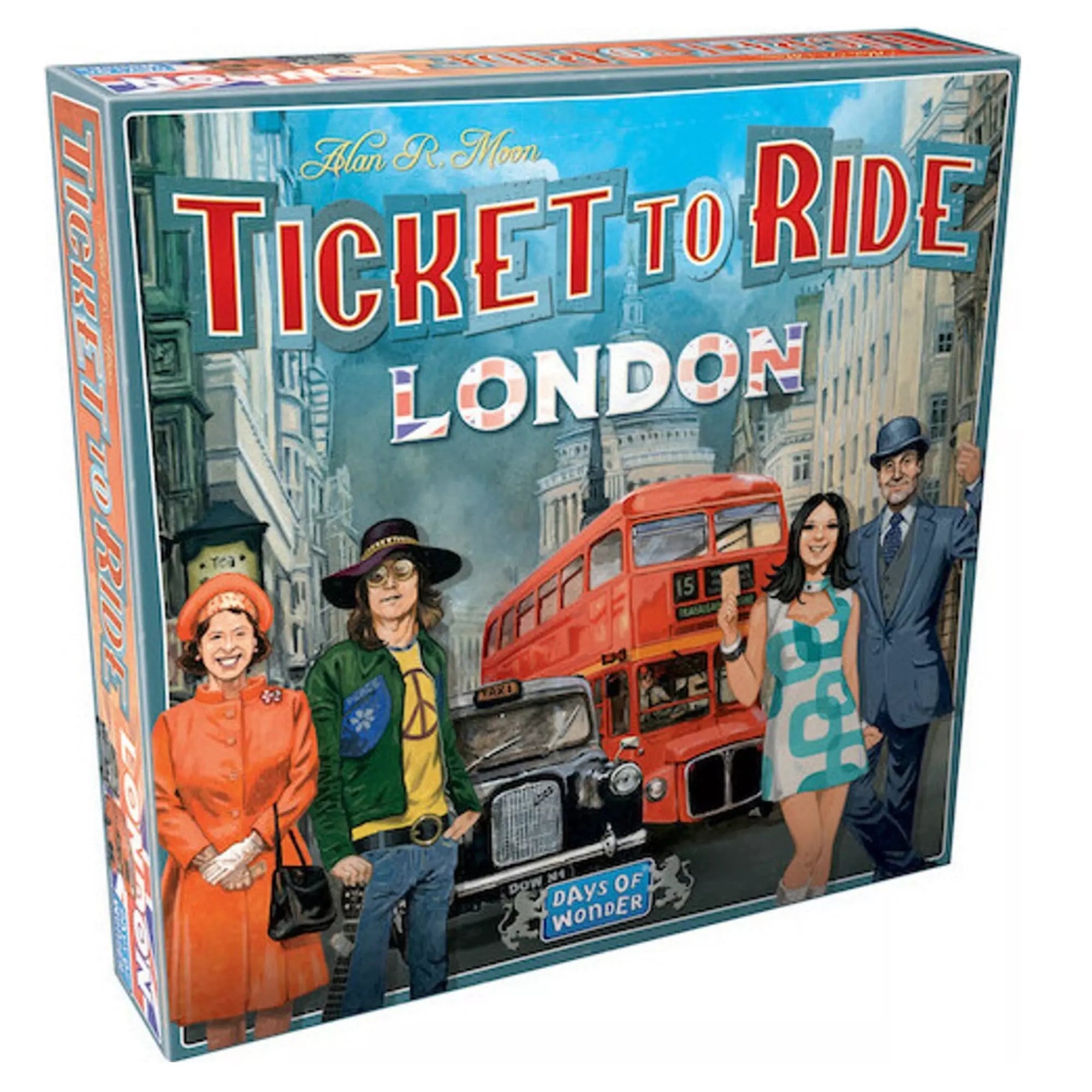 A Ticket to Ride: London társasjáték doboza, melyen egy ikonikus piros londoni emeletes busz és retro ruhás karakterek láthatók a város jellegzetes épületei között.
