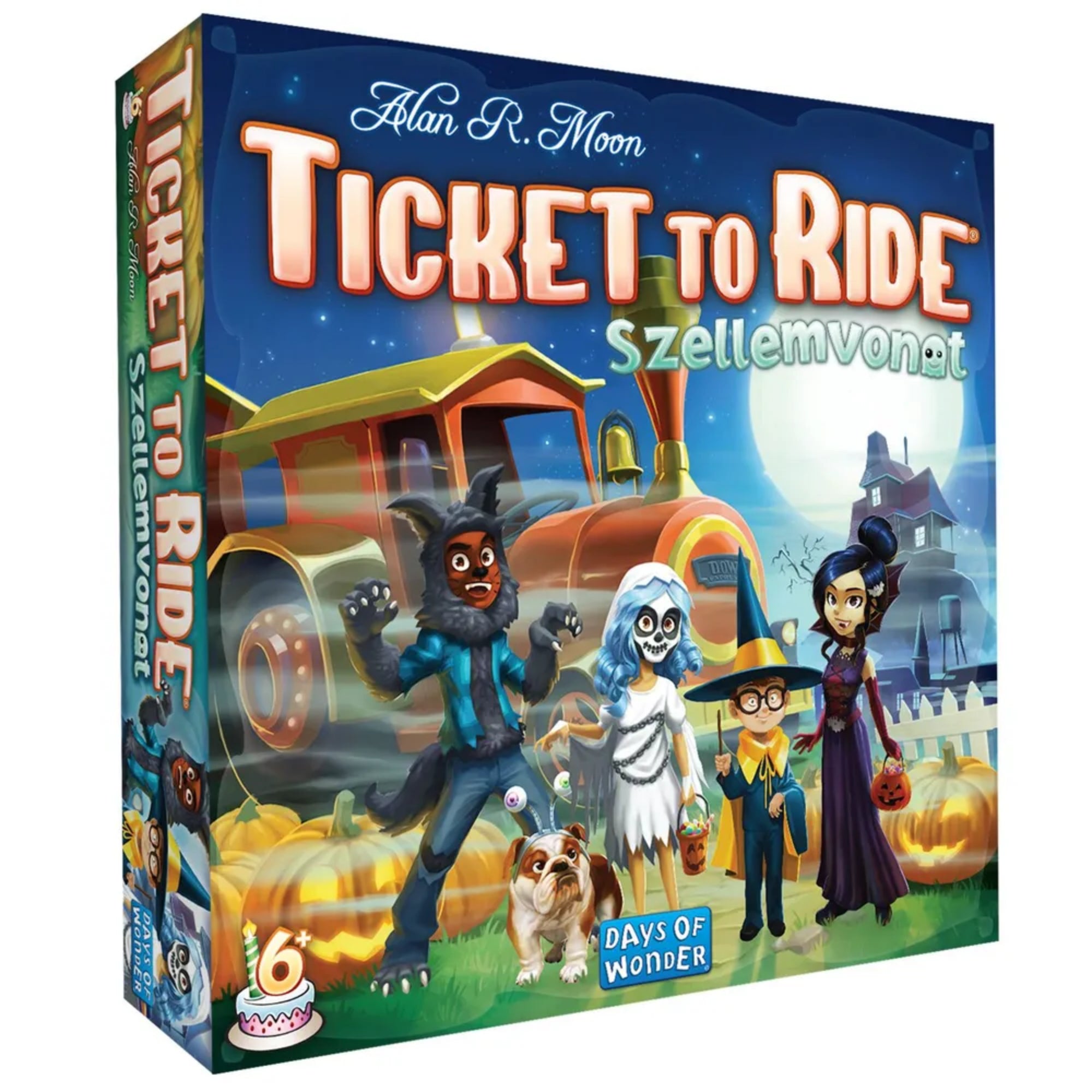 A Ticket to Ride: Szellemvonat társasjáték doboza, amelyen jelmezbe öltözött gyerekek, szellemvonat, tökök és kísérteties ház szerepel a telihold fényében.