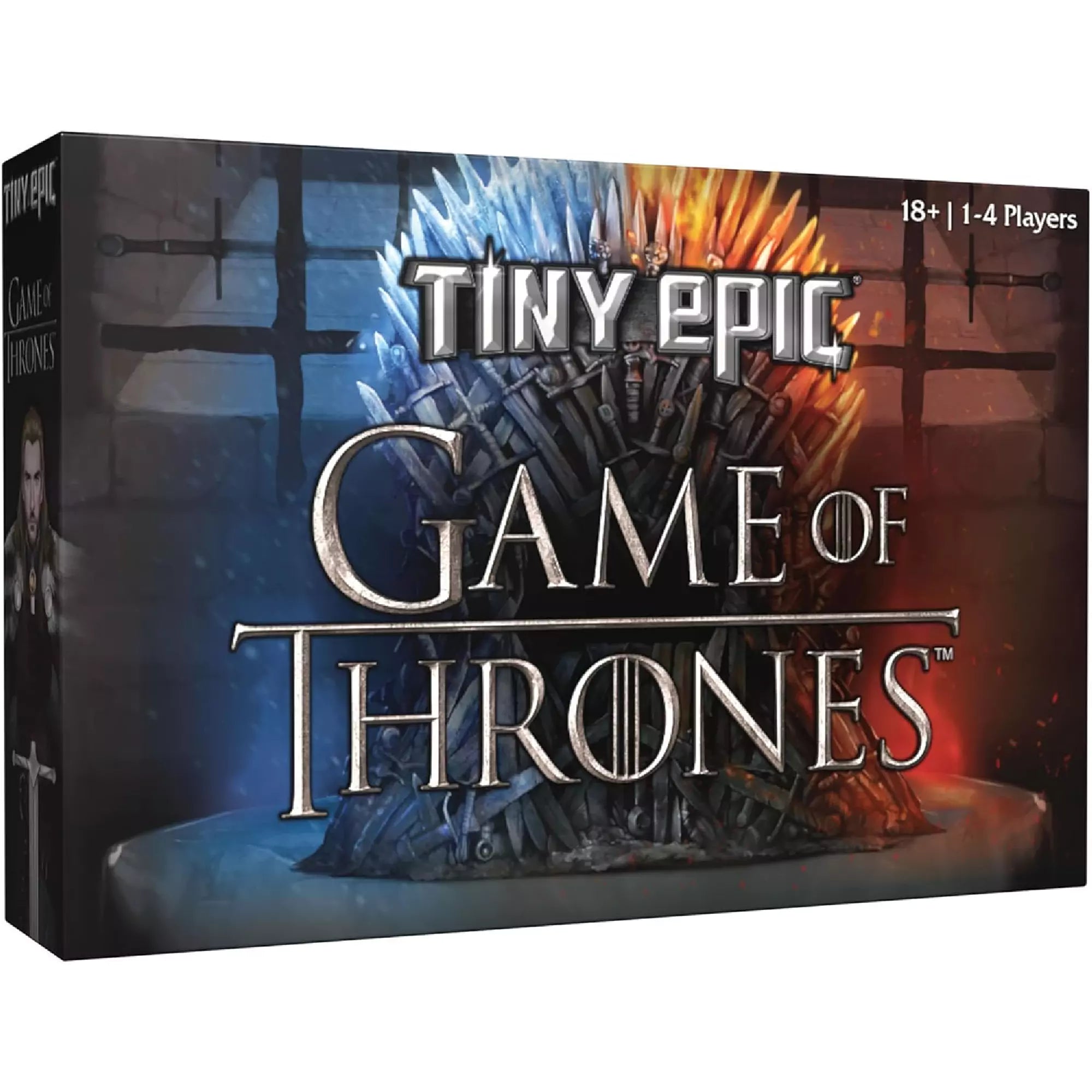Tiny Epic Game of Thrones társasjáték doboza, középen a Vastrón képe, bal és jobb oldalon jéggel és tűzzel díszített háttér, a játék címe nagy betűkkel.

