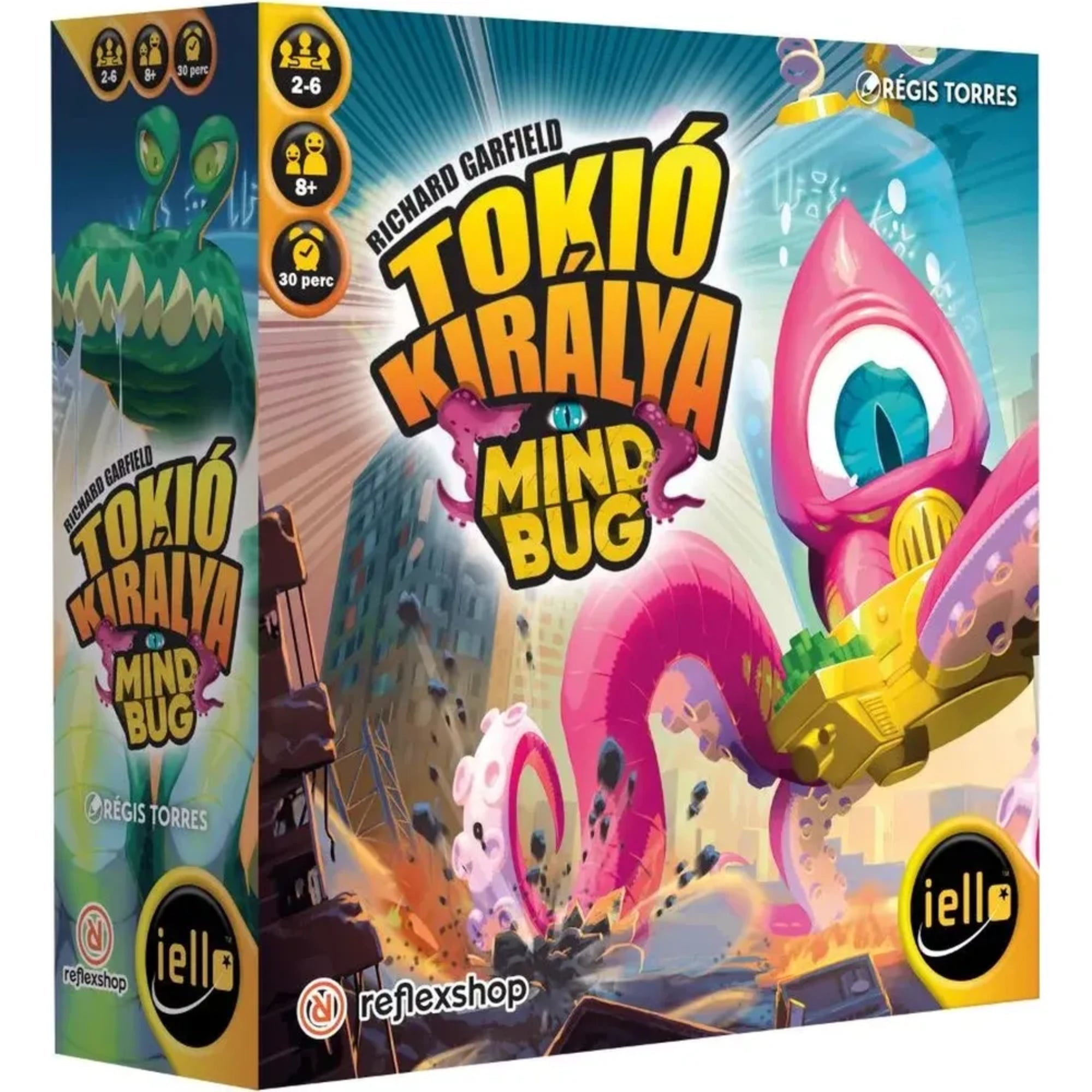 Tokió Királya – Mindbug társasjáték kiegészítő dobozának elölnézete látványos szörnyillusztrációval és játékinformációkkal.