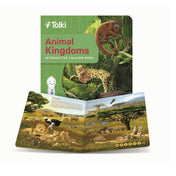 Tolki Animal Kingdoms interaktív angol nyelvű könyv, kinyitva a szavanna oldallal – oroszlánok, zebrák, struccok és egyéb afrikai állatok részletes rajzaival.