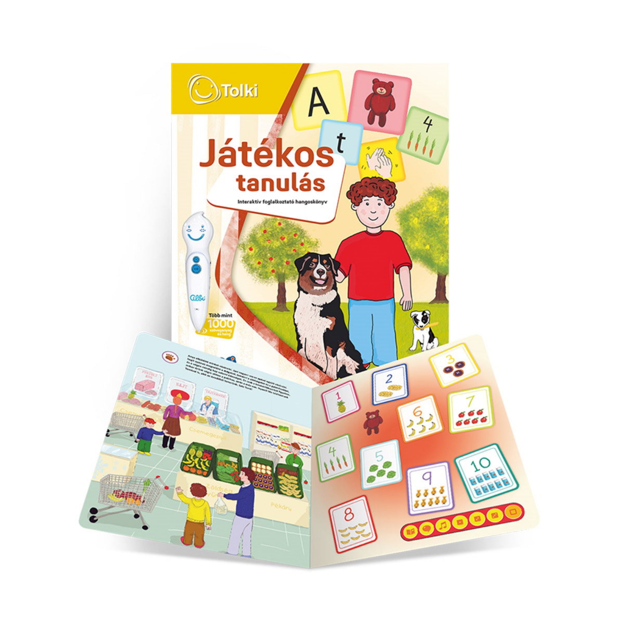 A Játékos tanulás foglalkoztató könyv nyitott állapotban, színes illusztrációkkal a bevásárlás és számolás témakörében.