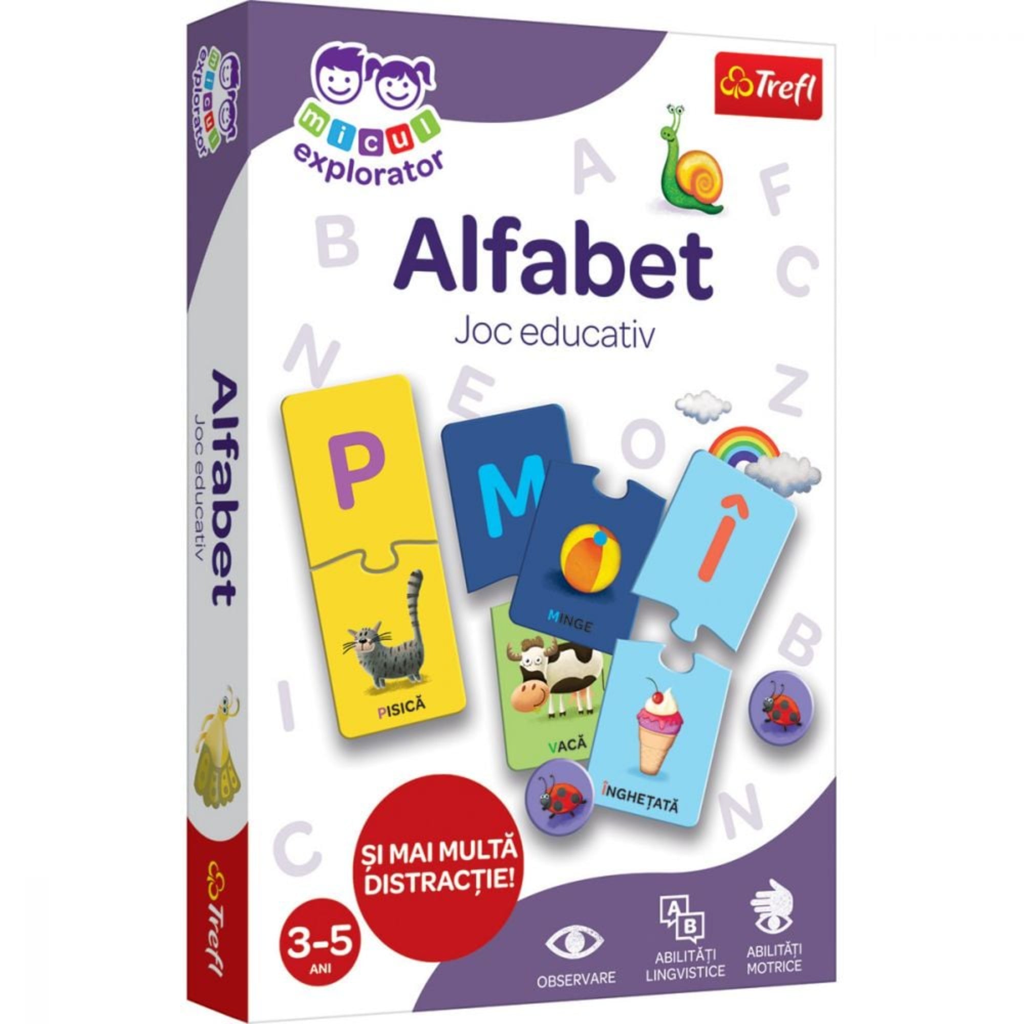 A Trefl Micul Explorator – Alfabet oktatódoboz közelről, amelyen nagy, színes betűk és állatfigurák szerepelnek, a játék célja az ábécé tanulása és a szókincs fejlesztése.