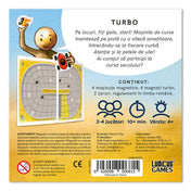 Magnetic Turbo – a fémdoboz hátoldala, a mágneses autóverseny társasjáték pályájával, játékleírással és ikonokkal.