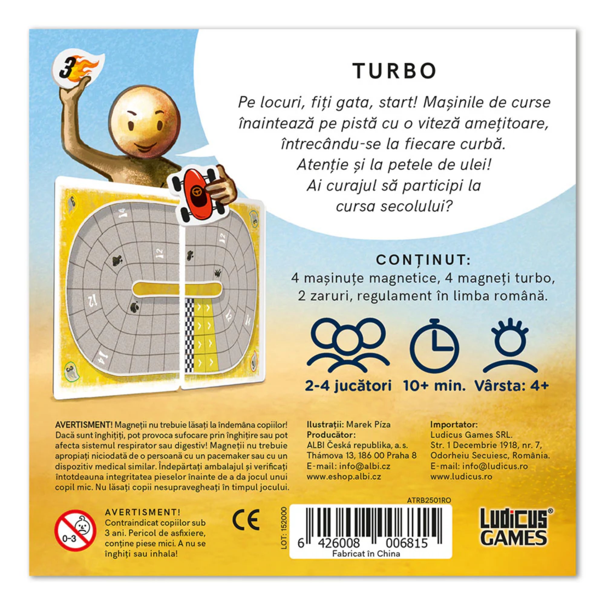 Magnetic Turbo – a fémdoboz hátoldala, a mágneses autóverseny társasjáték pályájával, játékleírással és ikonokkal.