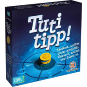 Tuti tipp! társasjáték doboza elölről, kvíz témájú grafikával és pontozó zseton illusztrációval