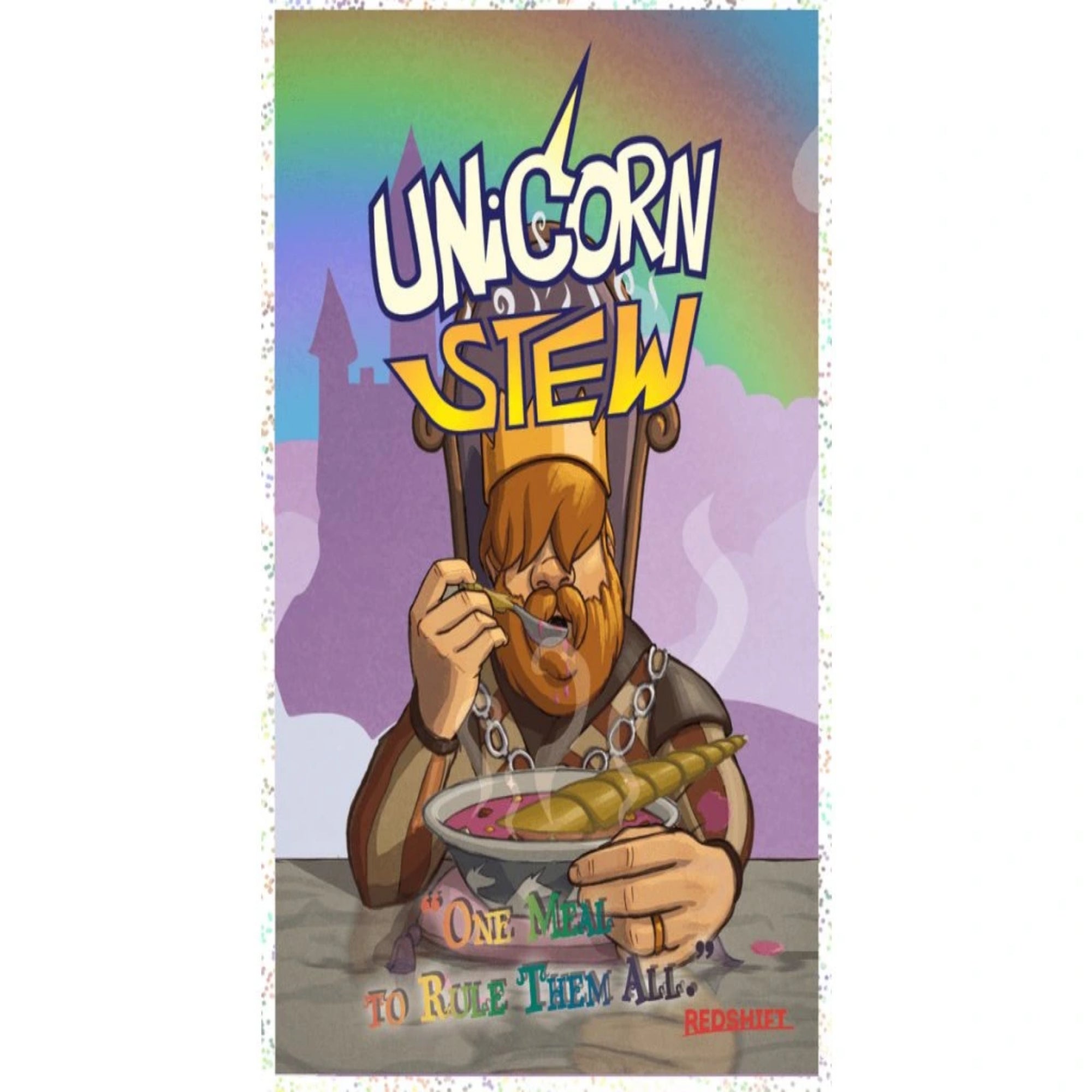 A Unicorn Stew társasjáték borítója, egy szórakoztató kártyajáték, amelyben a cél a titkos étel elkészítése.