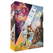 Az Unlock! Különös kalandok társasjáték doboza színes illusztrációkkal, amelyeken egy vadnyugati jelenet, egy rajzfilmfigura lézervetővel, valamint az Óz, a nagy varázsló karakterei is feltűnnek, utalva a három különböző szabadulószobás kalandra.