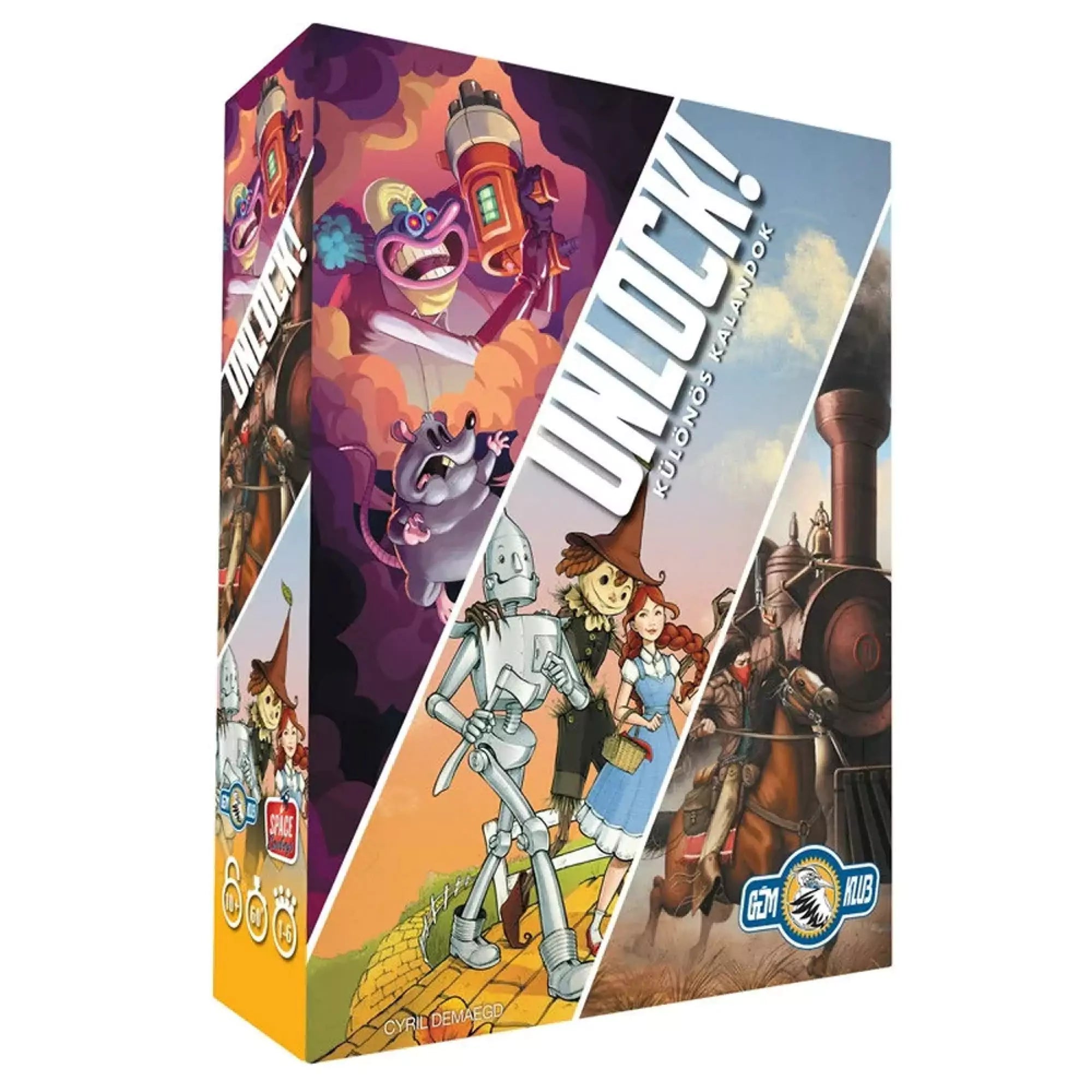 Az Unlock! Különös kalandok társasjáték doboza színes illusztrációkkal, amelyeken egy vadnyugati jelenet, egy rajzfilmfigura lézervetővel, valamint az Óz, a nagy varázsló karakterei is feltűnnek, utalva a három különböző szabadulószobás kalandra.
