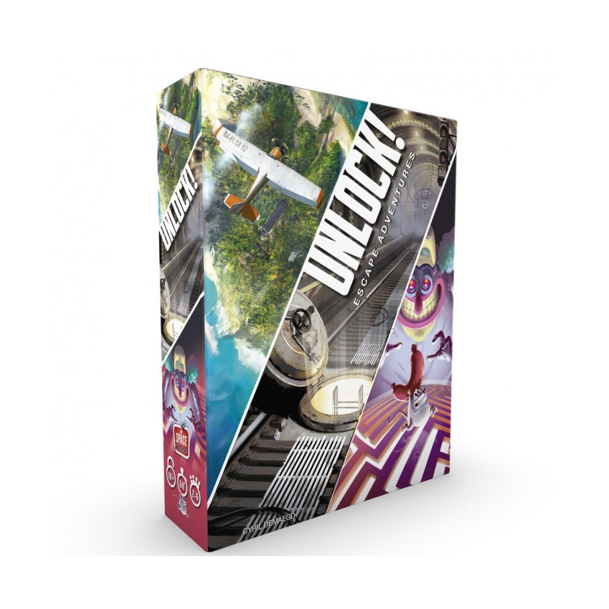 Unlock! Escape Adventures társasjáték doboza, színes borítóval, amely három különböző kalandot ábrázol: egy dzsungelt, egy laboratóriumot és egy bohócos labirintust.