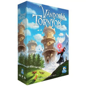 A Vándorló Tornyok társasjáték doboza, amely varázslatos lebegő tornyokat és egy varázspálcát suhintó mágust ábrázol.