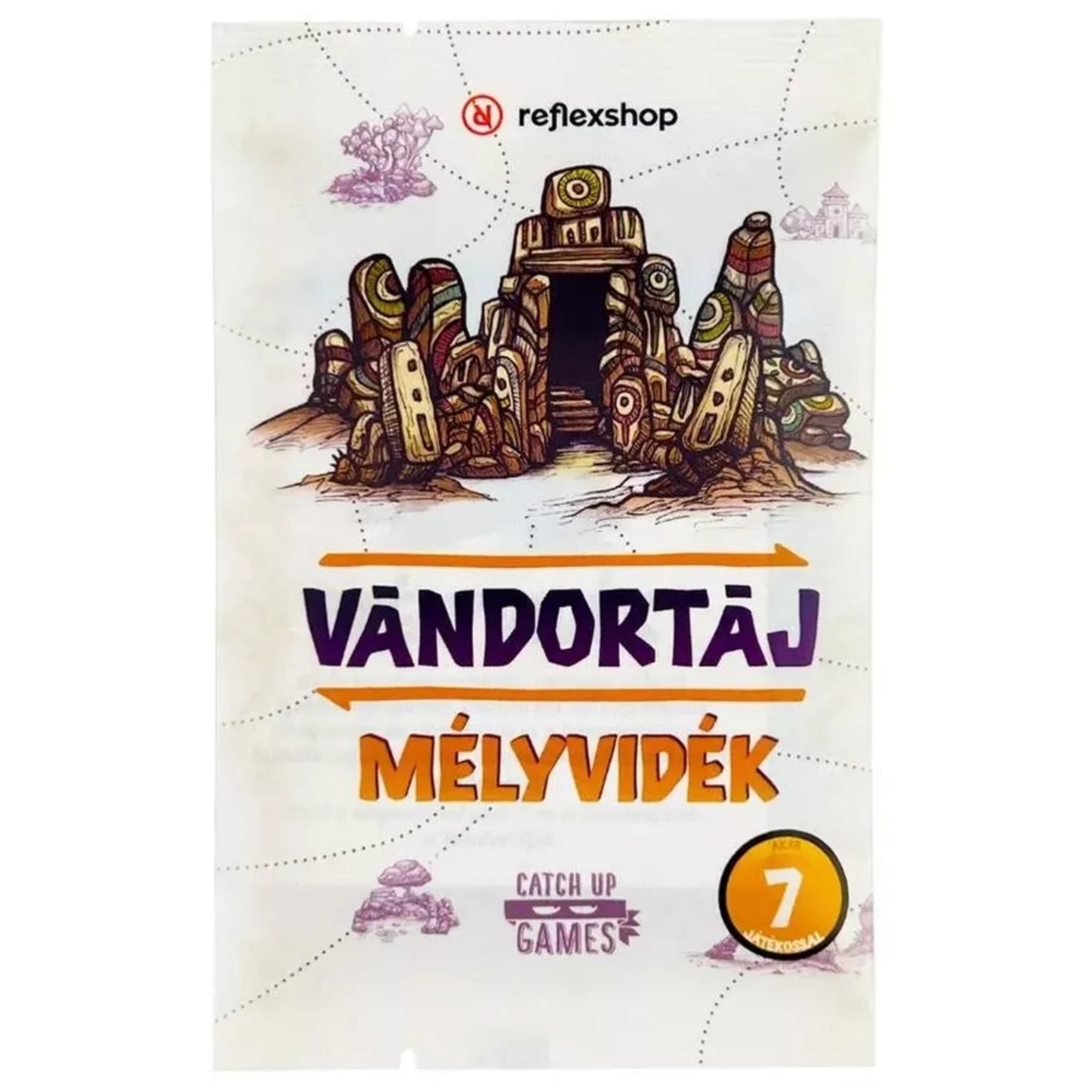 Vándortáj: Mélyvidék kiegészítő csomagolásának előlapja, középen misztikus kőtemplom illusztrációval, alul a játék logójával és a Catch Up Games márkajelzéssel.