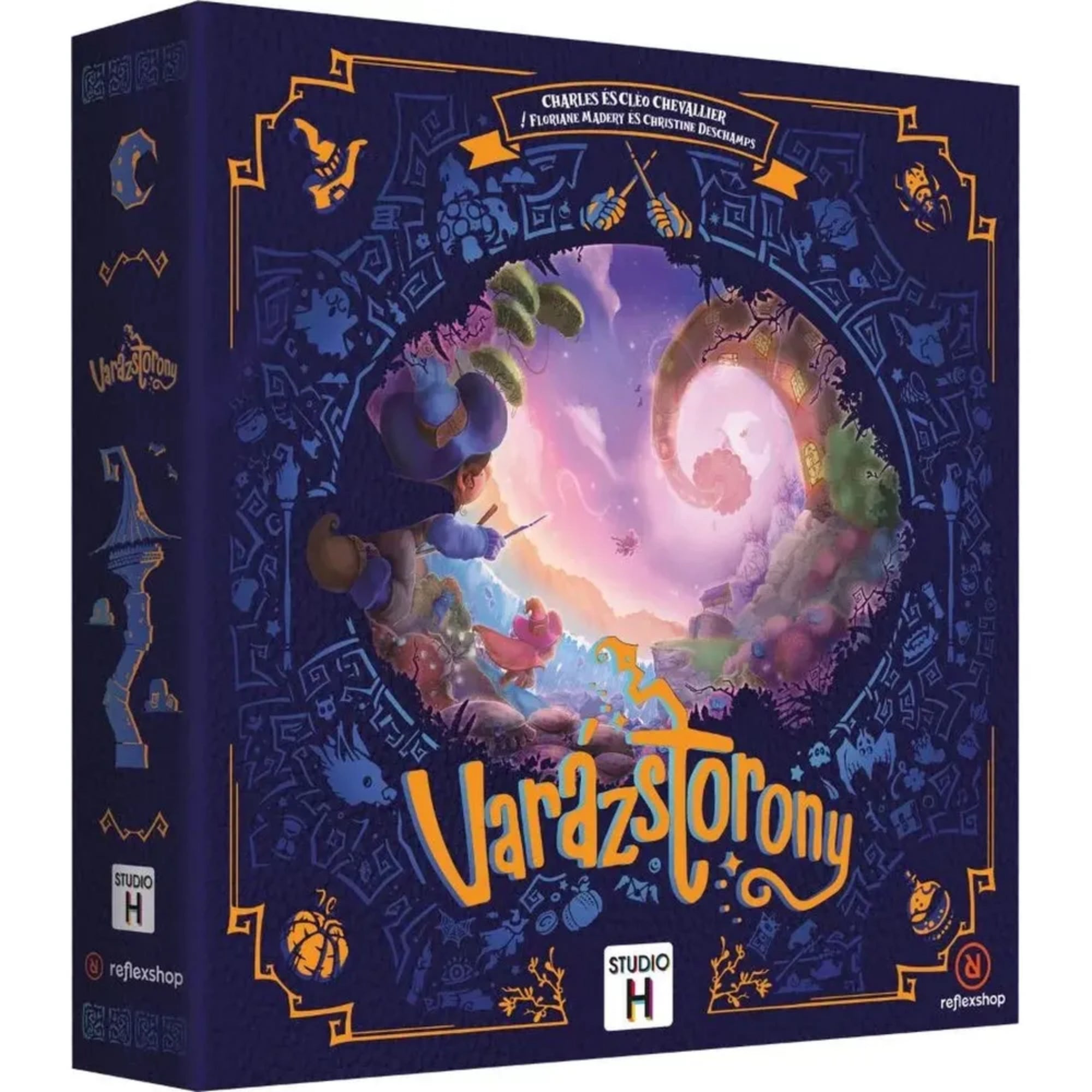 Varázstorony társasjáték doboza elölnézetből, éjféli varázslatos jelenettel, lebegő fénnyel megvilágított toronnyal, két varázsló karakterrel, Studio H és Reflexshop logóval.
