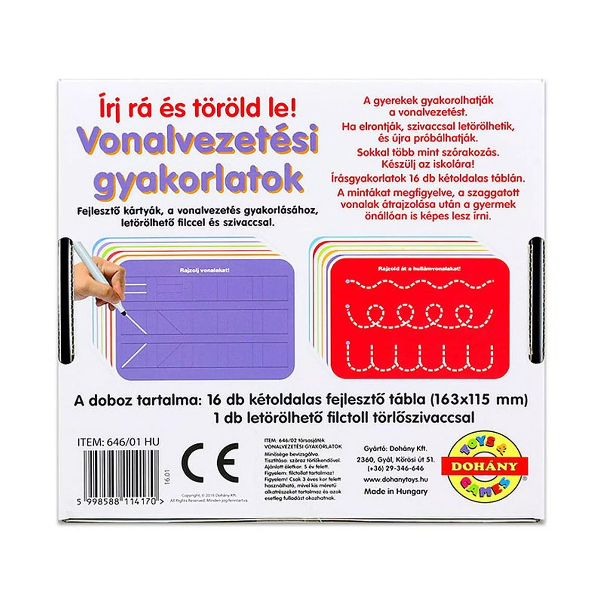 A doboz hátoldalán a „Vonalvezetési gyakorlatok” felirat és részletes leírás olvasható a játékról: „A gyerekek gyakorolhatják a vonalvezetést... Írásgyakorlatok 16 db kétoldalas táblán.” Lent a csomag tartalma: „16 db kétoldalas fejlesztő tábla (163x115 mm), 1 db letörölhető filctoll törlőszivaccsal.