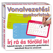 Fehér doboz színes grafikával, rajta a felirat: „Vonalvezetési gyakorlatok – Írj rá és töröld le! Fejlesztő kártyák, a vonalvezetés gyakorlásához, letörölhető filccel és szivaccsal”. A dobozon képek láthatók a feladatlapokról és egy kéz, amely filccel ír rájuk.