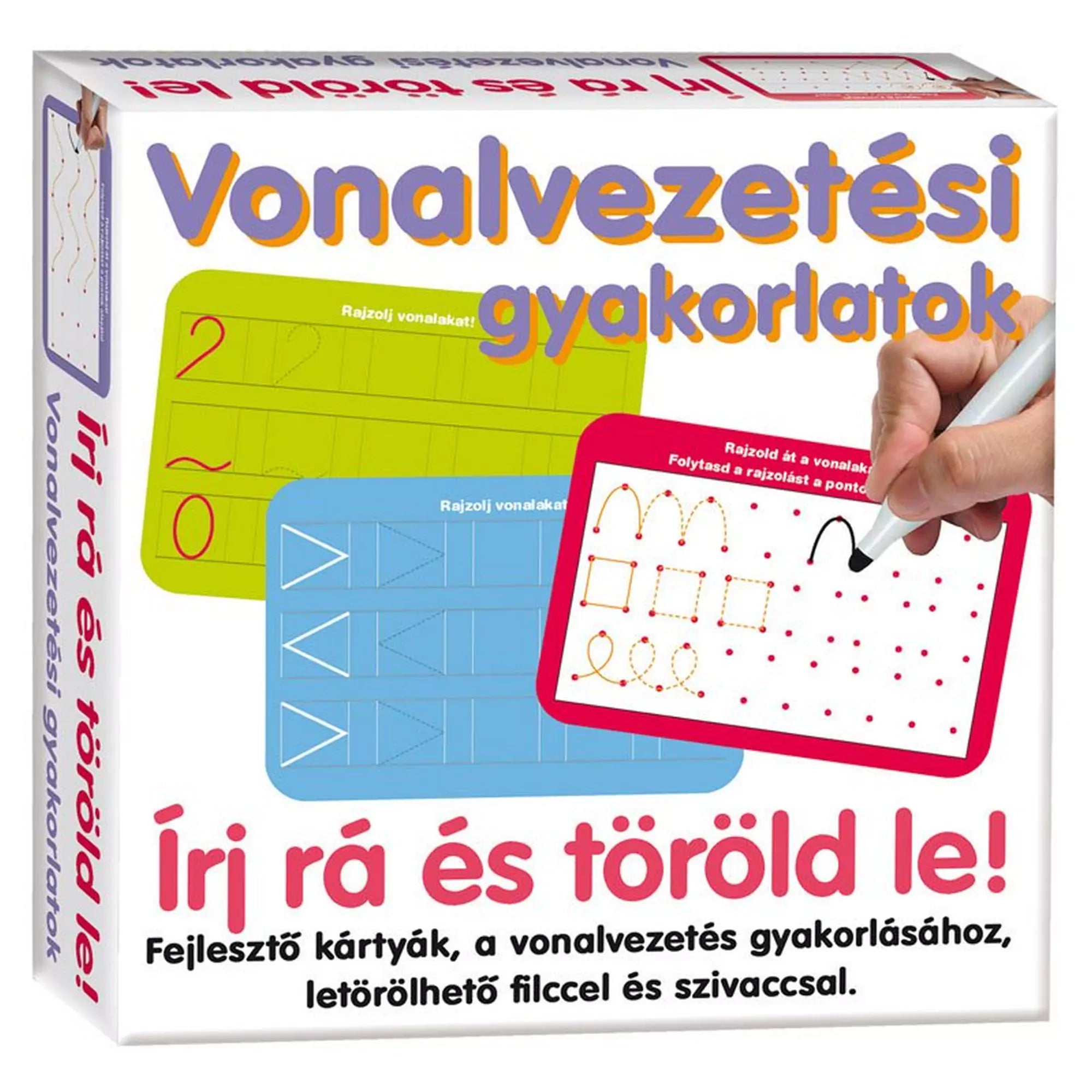 Fehér doboz színes grafikával, rajta a felirat: „Vonalvezetési gyakorlatok – Írj rá és töröld le! Fejlesztő kártyák, a vonalvezetés gyakorlásához, letörölhető filccel és szivaccsal”. A dobozon képek láthatók a feladatlapokról és egy kéz, amely filccel ír rájuk.