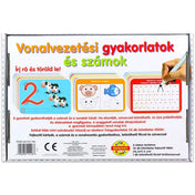 A „Vonalvezetési gyakorlatok és számok” fejlesztőjáték hátoldala, amely részletes leírást tartalmaz a tartalomról és a használatról, valamint példákat mutat a feladatkártyákra és formákra.