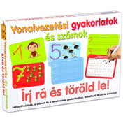 Írj rá és töröld le! – Vonalvezetési gyakorlatok és számok” fejlesztőjáték doboza elölről, színes gyakorlólapokkal (számok, formák és vonalak rajzolása), letörölhető filctollal.