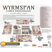 Wyrmspan – Lumea Dragonilor társasjáték román nyelvű dobozának hátoldala, a teljes játéktartalom kiterítve: játékos táblák, kártyák, sárkánytojás- és erőforrás jelölők, pontozóelemek, valamint a komponenslista és játékinformációk