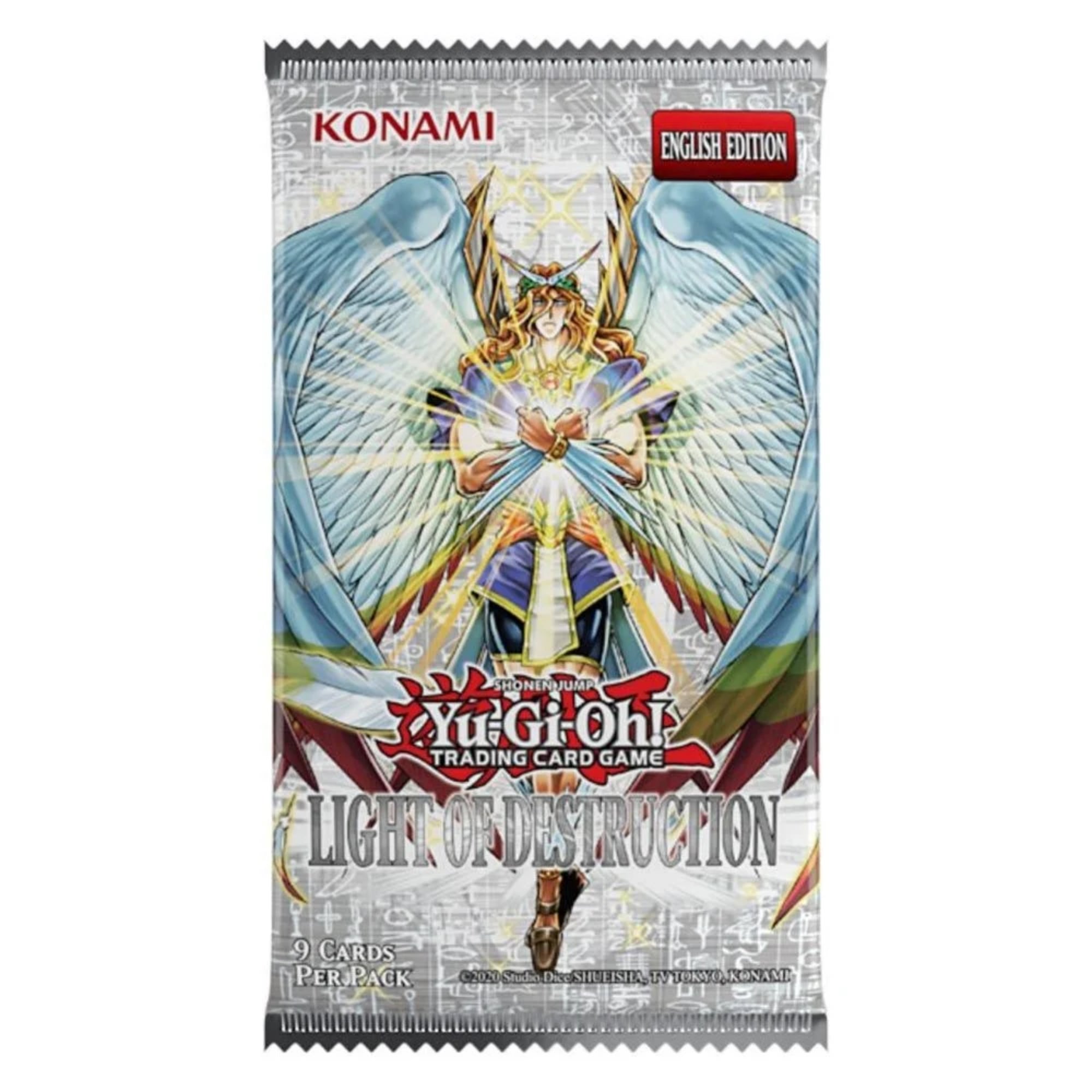 Yu-Gi-Oh! Light of Destruction Booster csomag előlapja, amelyen egy fényes, szárnyas angyalszerű karakter látható, keresztezett karokkal és ragyogó háttérrel; a csomag angol nyelvű kiadás, 9 kártyát tartalmaz.