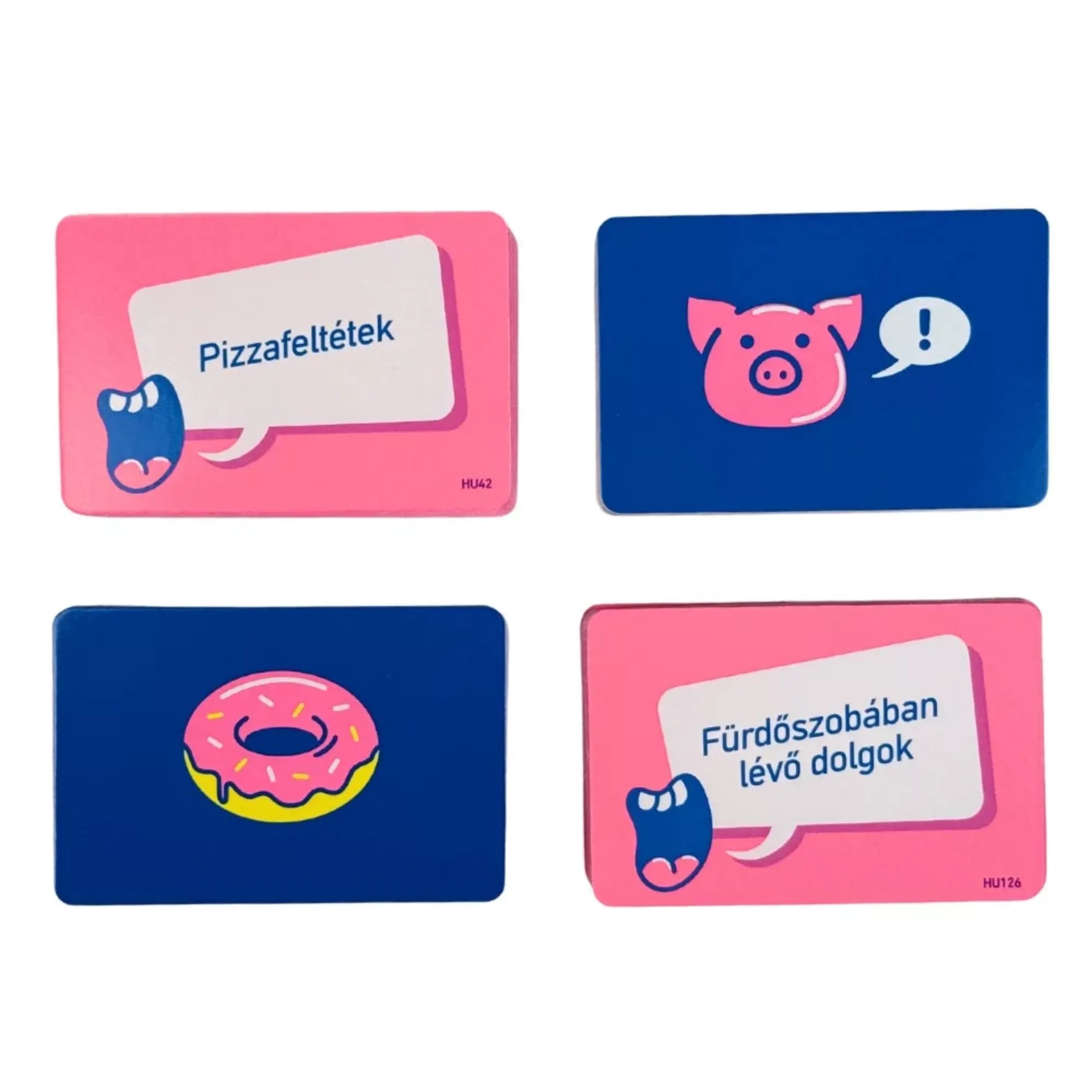 Zajos siker társasjáték magyar nyelvű feladatkártyái közelről, rózsaszín és kék hátterű lapokkal, ikonokkal és kategóriákkal, például pizzafeltétek és fürdőszobában lévő dolgok témában.