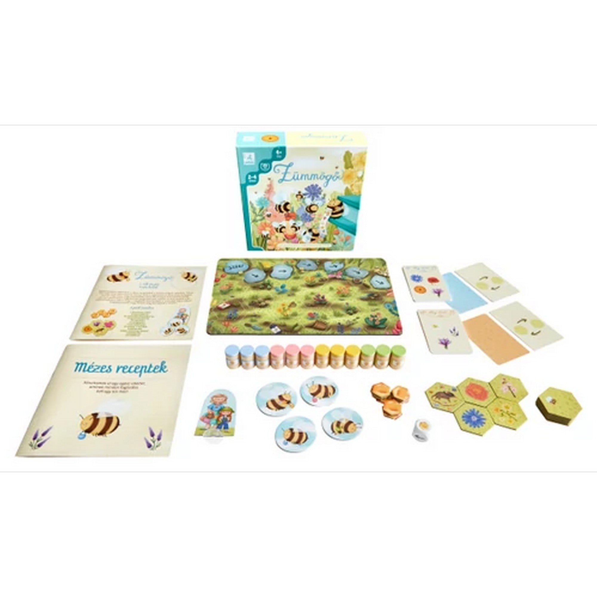 A Zümmögő társasjáték teljes tartalma: doboz, játékszabály, virágos tábla, méhecskés korongok, mézes receptek és színes faelemek, kedves rajzokkal díszítve.
