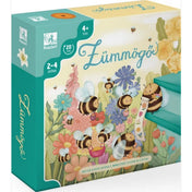 A Zümmögő társasjáték dobozának előlapja, aranyos méhecskékkel, virágok között röpködve, a Pagony logóval és a 4 éves kortól ajánlott korosztály jelzésével.