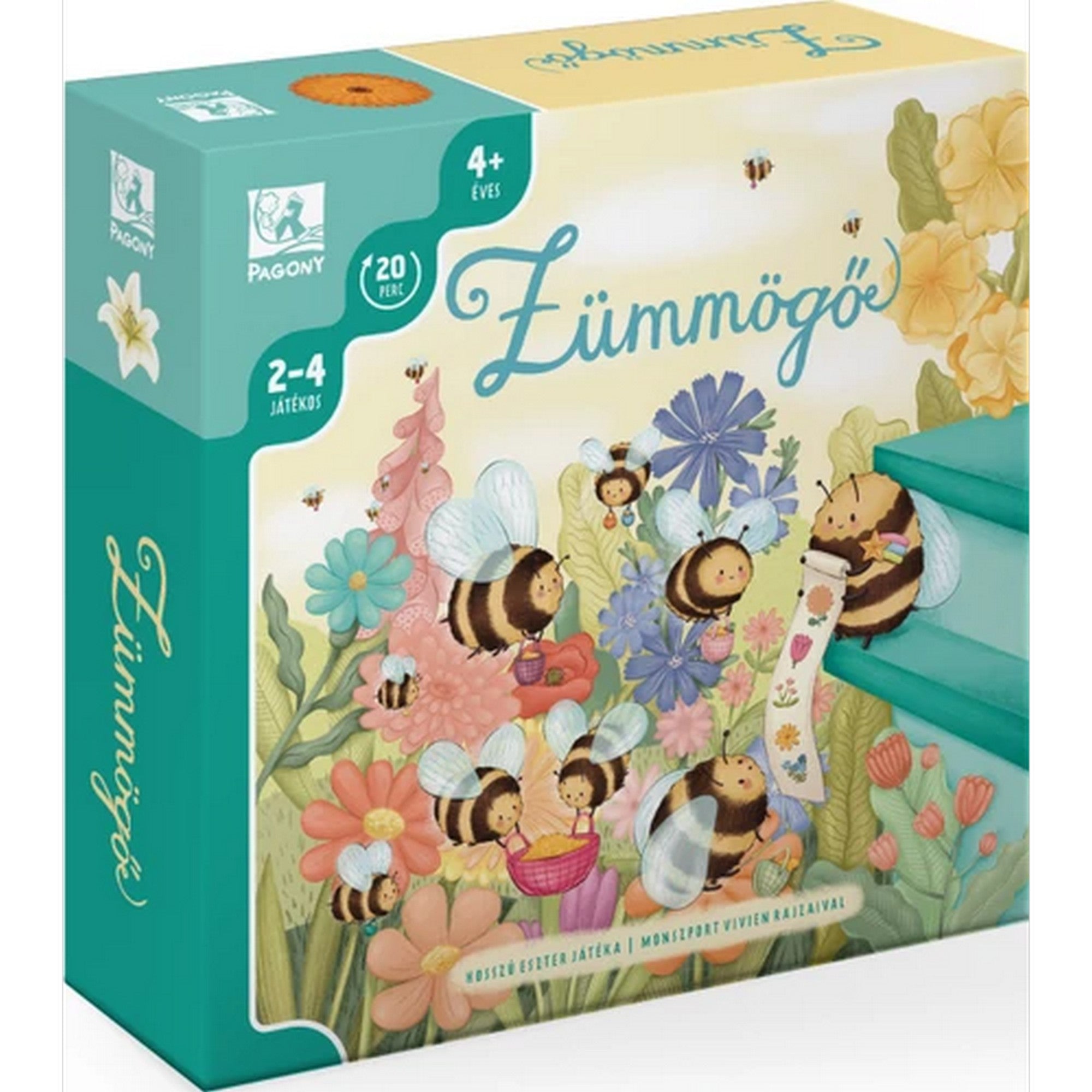 A Zümmögő társasjáték dobozának előlapja, aranyos méhecskékkel, virágok között röpködve, a Pagony logóval és a 4 éves kortól ajánlott korosztály jelzésével.