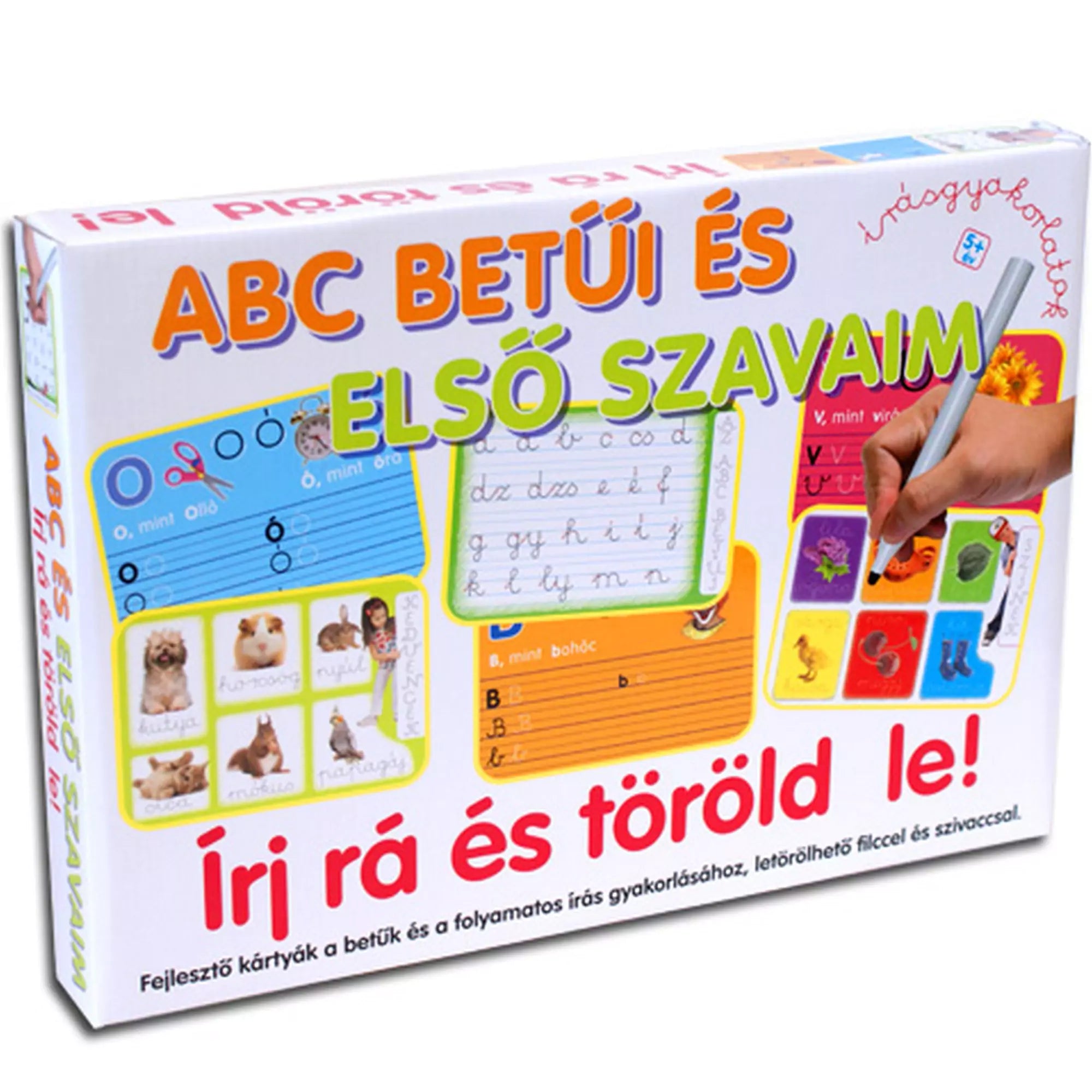 „ABC betűi és első szavaim – Írj rá és töröld le!” fejlesztő játék doboza, amely színes, kétoldalas gyakorlókártyákat, betűírási mintákat, kisállatos szókártyákat, letörölhető filctollat és szivacsot ábrázol. A kép jobb oldalán egy kéz éppen rajzol a piros szókártyákra.