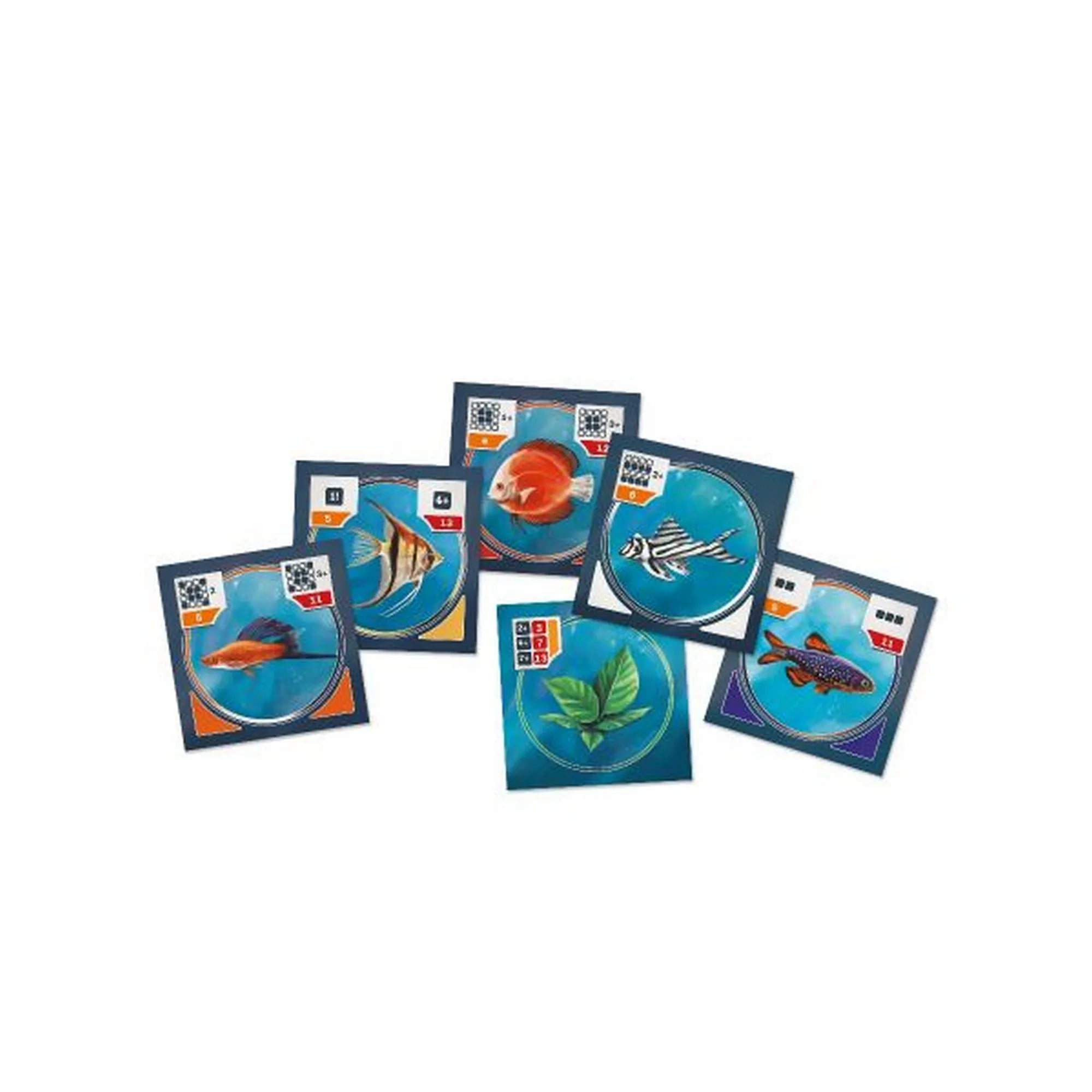 Acvarium társasjáték hal- és növénykártyái, különböző halfajokkal és pontozási ikonokkal.