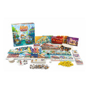 Az Állati fogások családi társasjáték teljes tartalma: doboz, játéktáblák, paravánok, kártyák, jelölők és színes állatfigurák.