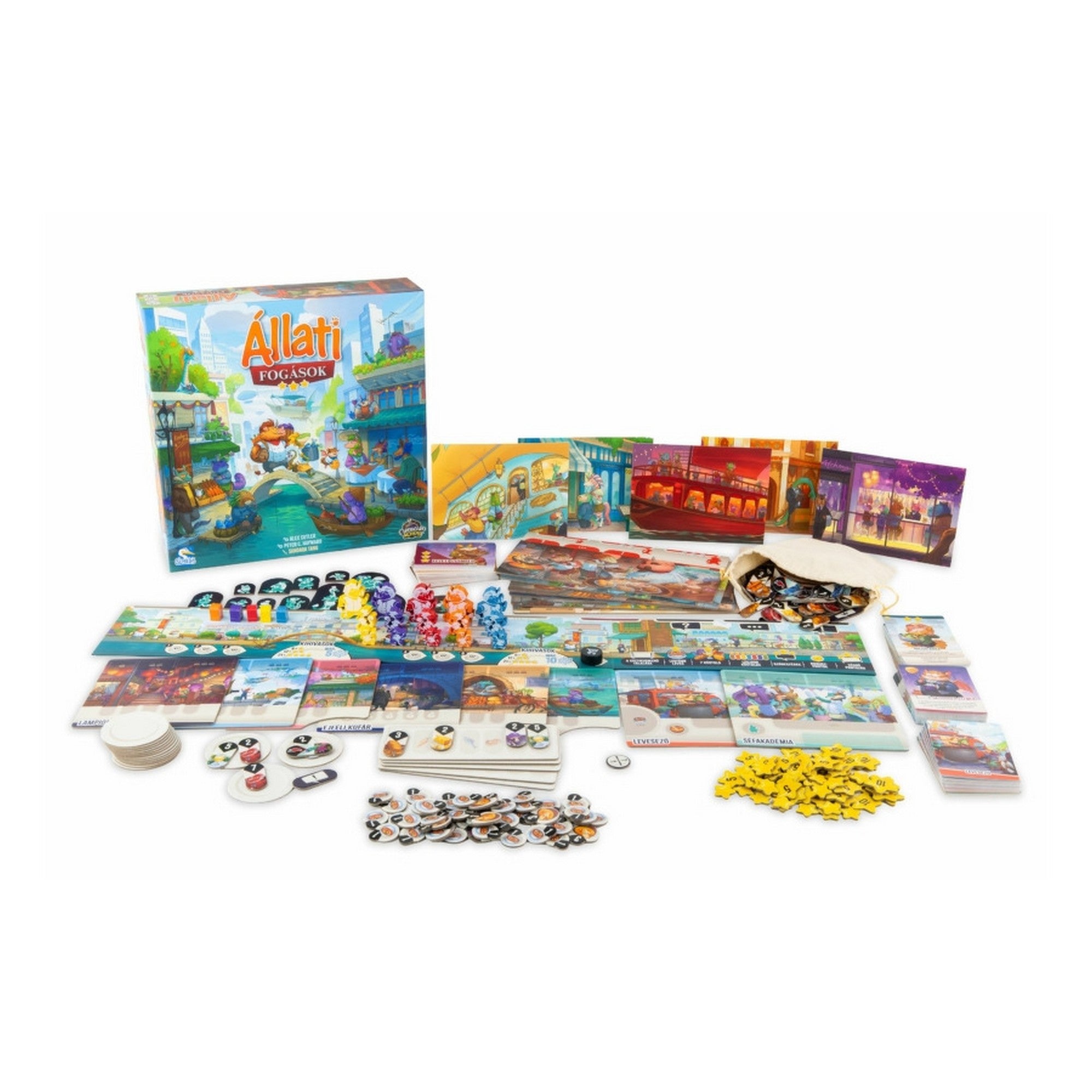 Az Állati fogások családi társasjáték teljes tartalma: doboz, játéktáblák, paravánok, kártyák, jelölők és színes állatfigurák.