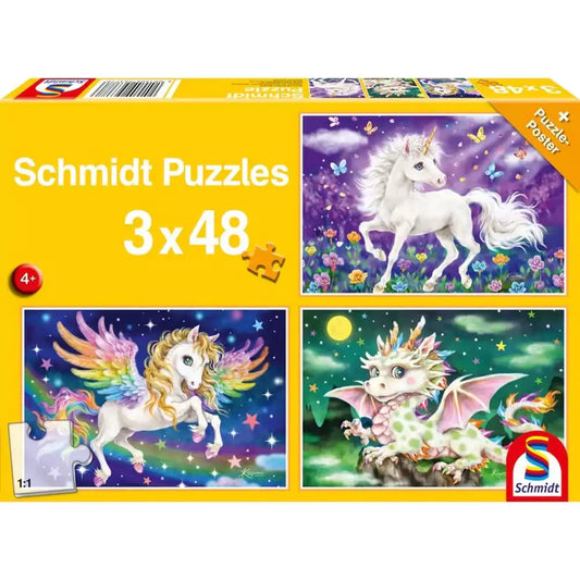 Puzzle Schmidt: Animale mitice, Set de 3 x 48 piese + Cadou: poster