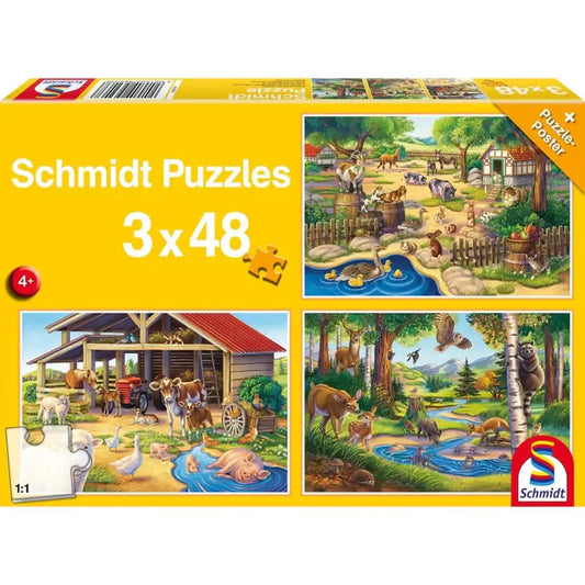 Puzzle Schmidt: Animalele mele favorite, Set de 3 x 48 piese + Cadou: poster