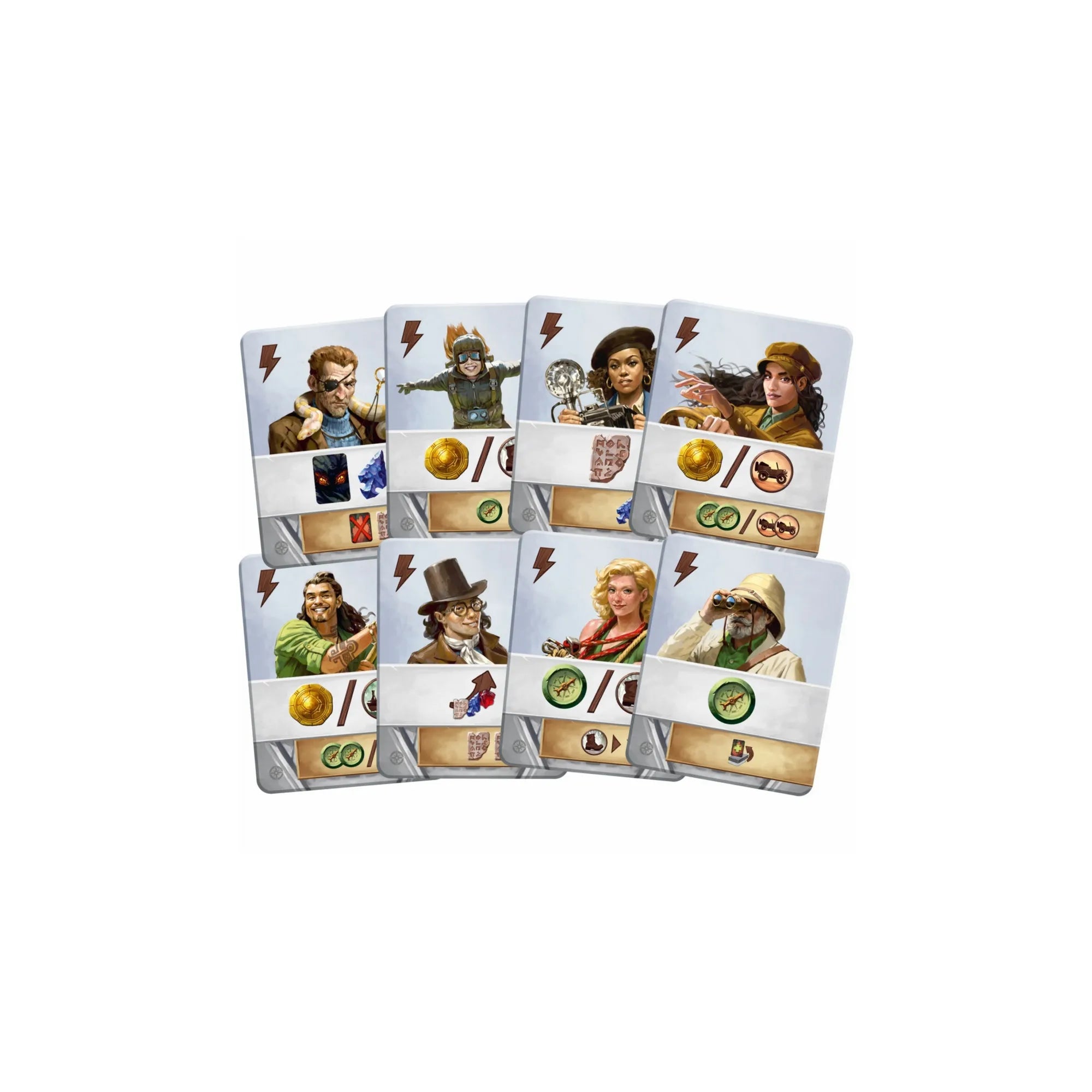 Arnak elveszett romjai: Sötét útvesztők magyar nyelvű kiegészítő karakterkártyák felfedezőkkel.