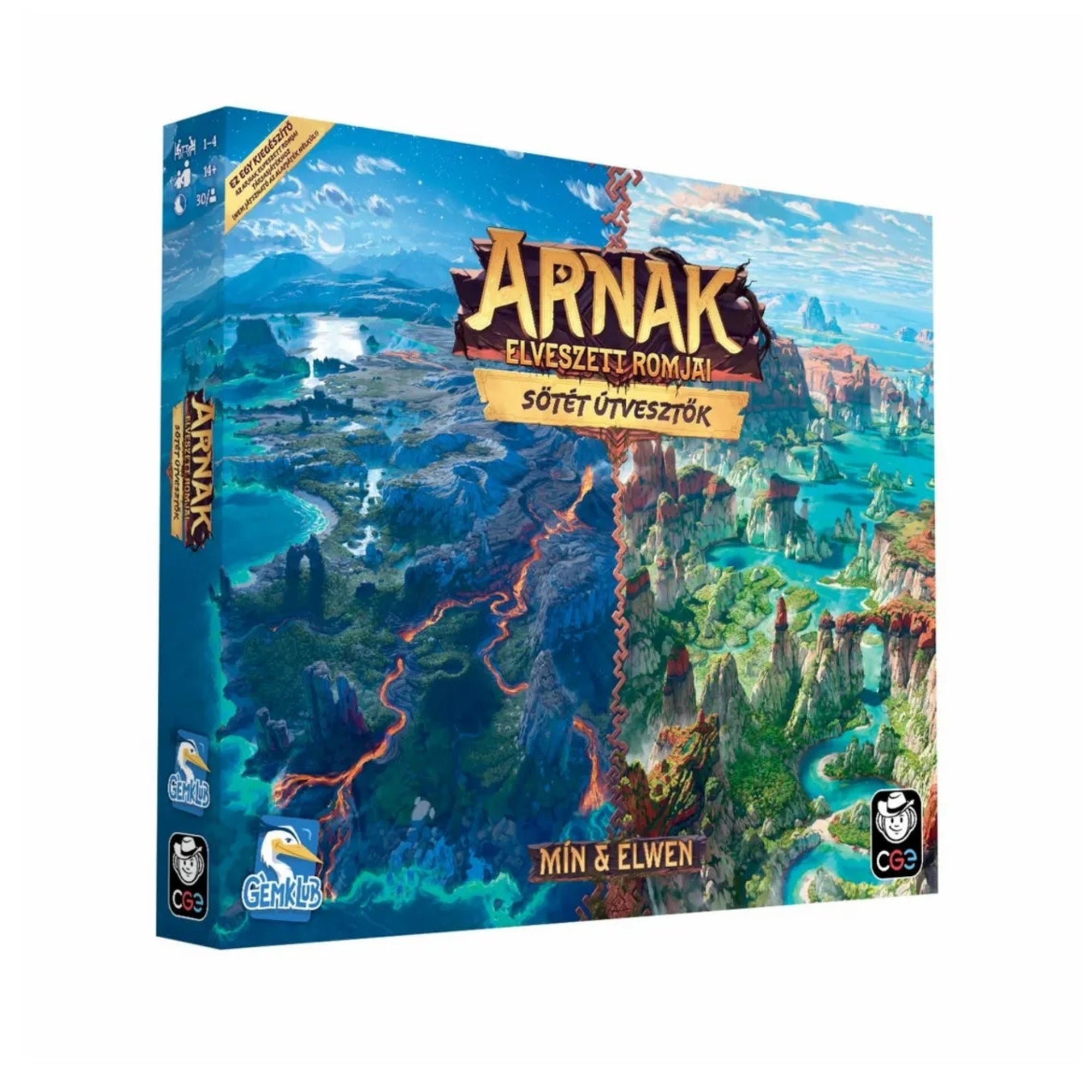 Arnak elveszett romjai: Sötét útvesztők magyar nyelvű kiegészítő társasjáték doboza kalandos borítóval.