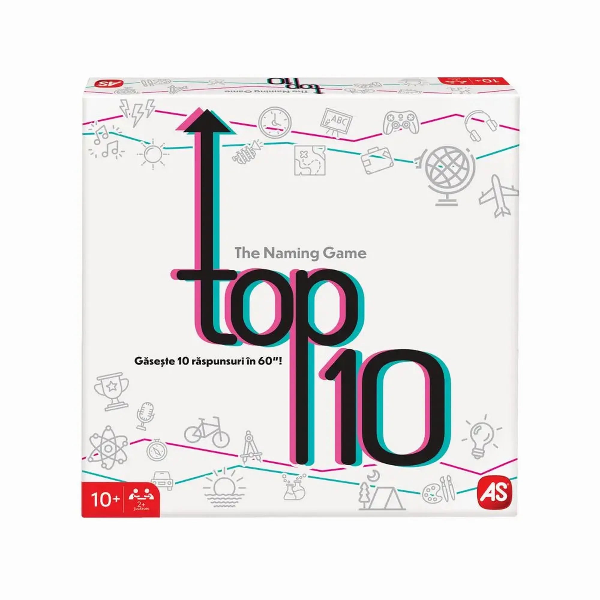 Top 10 – The Naming Game társasjáték doboza, modern fehér dizájnnal és színes ikonokkal.