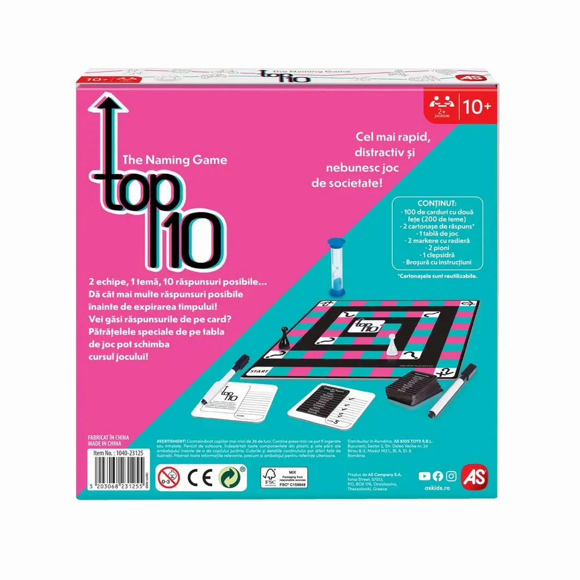 Top 10 társasjáték hátoldala, játéktábla, homokóra és kártyák bemutatásával.