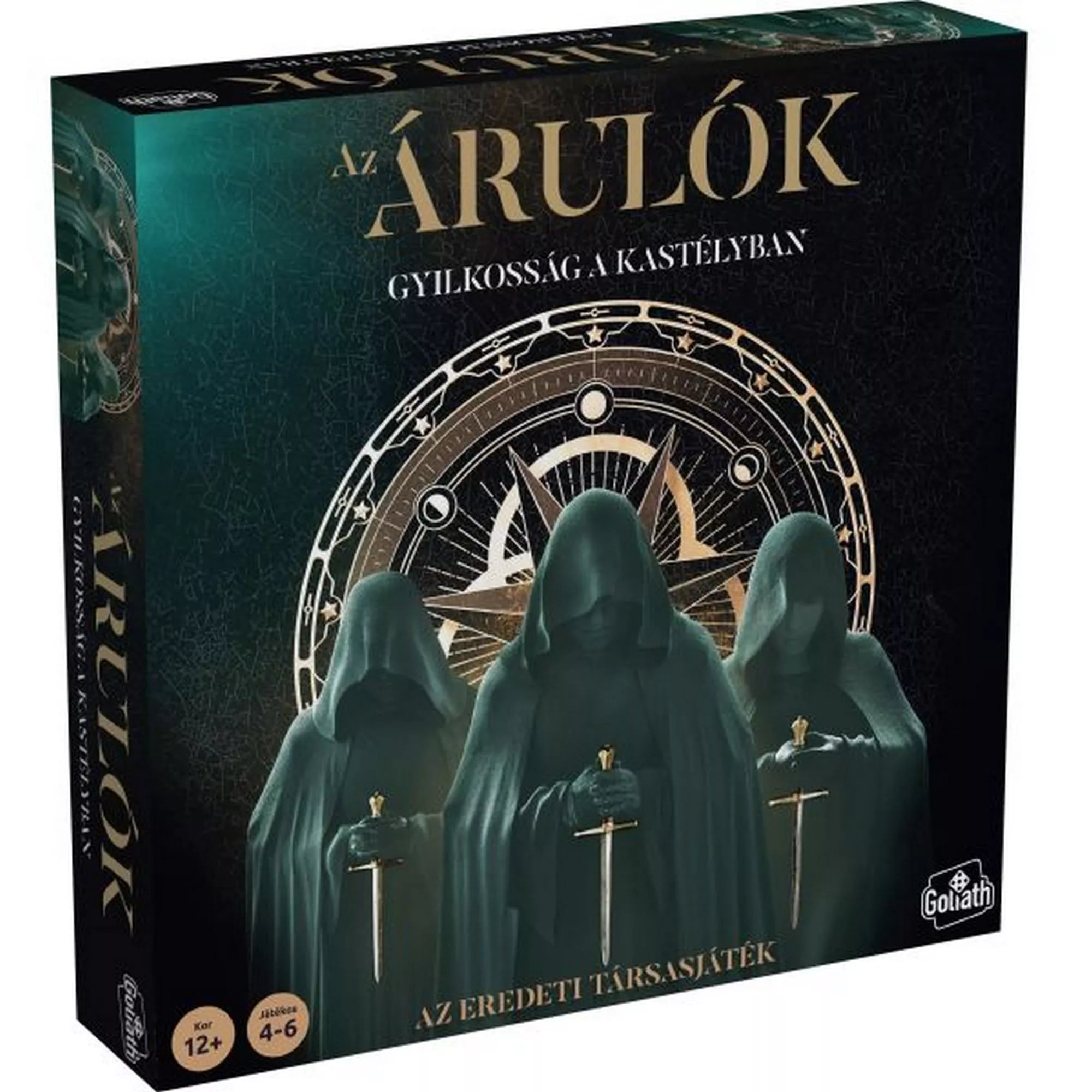 A The Traitors – Az Árulók: Gyilkosság a kastélyban társasjáték doboza sötét, misztikus hangulatban. A borítón három csuklyás alak látható karddal a kezükben, mögöttük arany kompaszmotívum és fekete háttér. A Goliath logó és az „Az eredeti társasjáték” felirat is megjelenik.