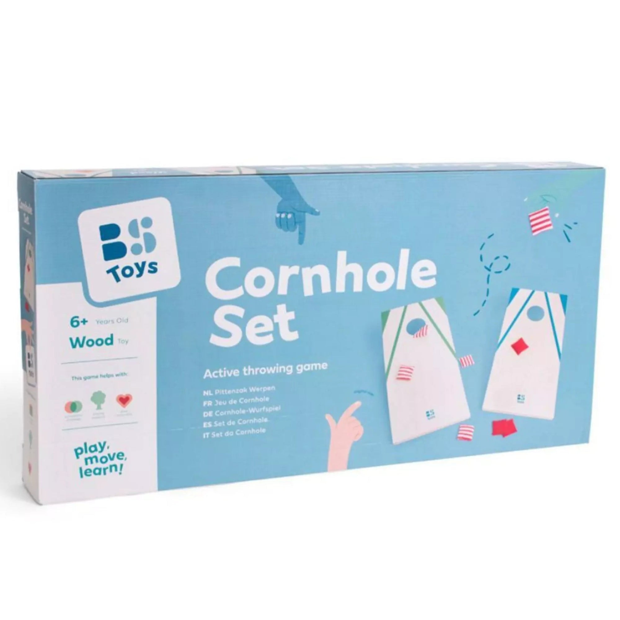 Kék háttérrel ellátott csomagolás, rajta a BS Toys Cornhole Set neve, két illusztrált dobótábla és piros-zöld zsákocskák grafikája látható.
